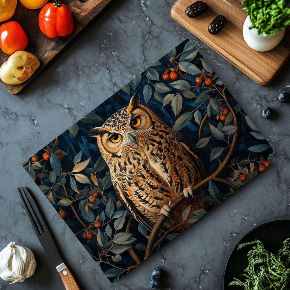 Autumn Owl Glass Cutting Board, Woodland Bird Kitchen Counter Art, Cozy Forest Glass Board Decor, Rustic Nature Serving and Prep Board