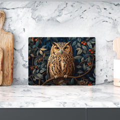 Autumn Owl Glass Cutting Board, Woodland Bird Kitchen Counter Art, Cozy Forest Glass Board Decor, Rustic Nature Serving and Prep Board