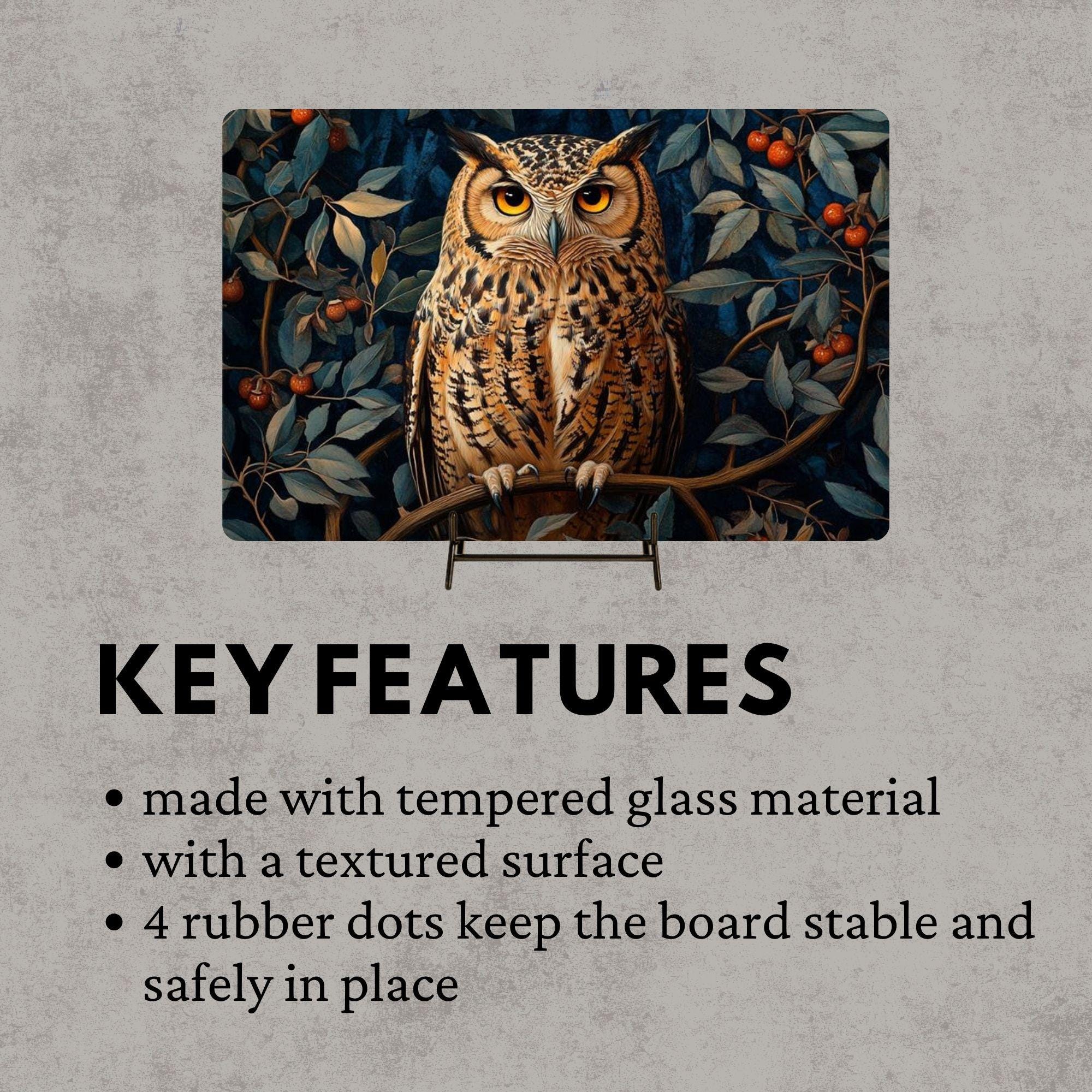 Autumn Owl Glass Cutting Board, Woodland Bird Kitchen Counter Art, Cozy Forest Glass Board Decor, Rustic Nature Serving and Prep Board