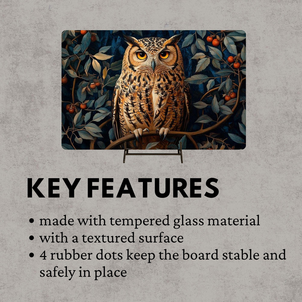 Autumn Owl Glass Cutting Board, Woodland Bird Kitchen Counter Art, Cozy Forest Glass Board Decor, Rustic Nature Serving and Prep Board