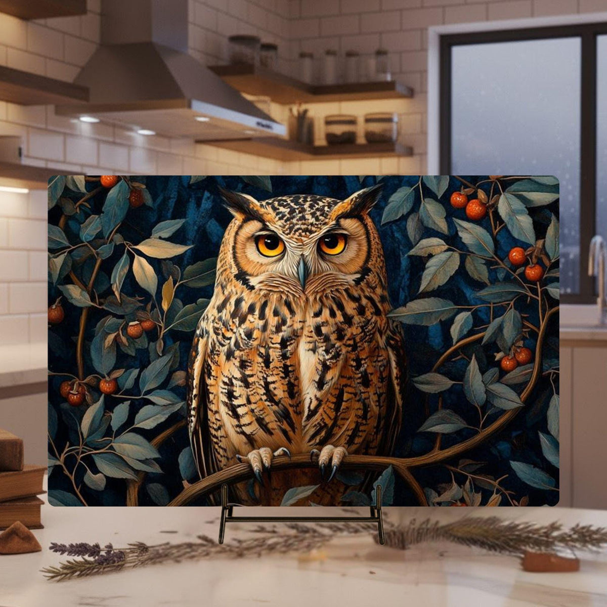 Autumn Owl Glass Cutting Board, Woodland Bird Kitchen Counter Art, Cozy Forest Glass Board Decor, Rustic Nature Serving and Prep Board