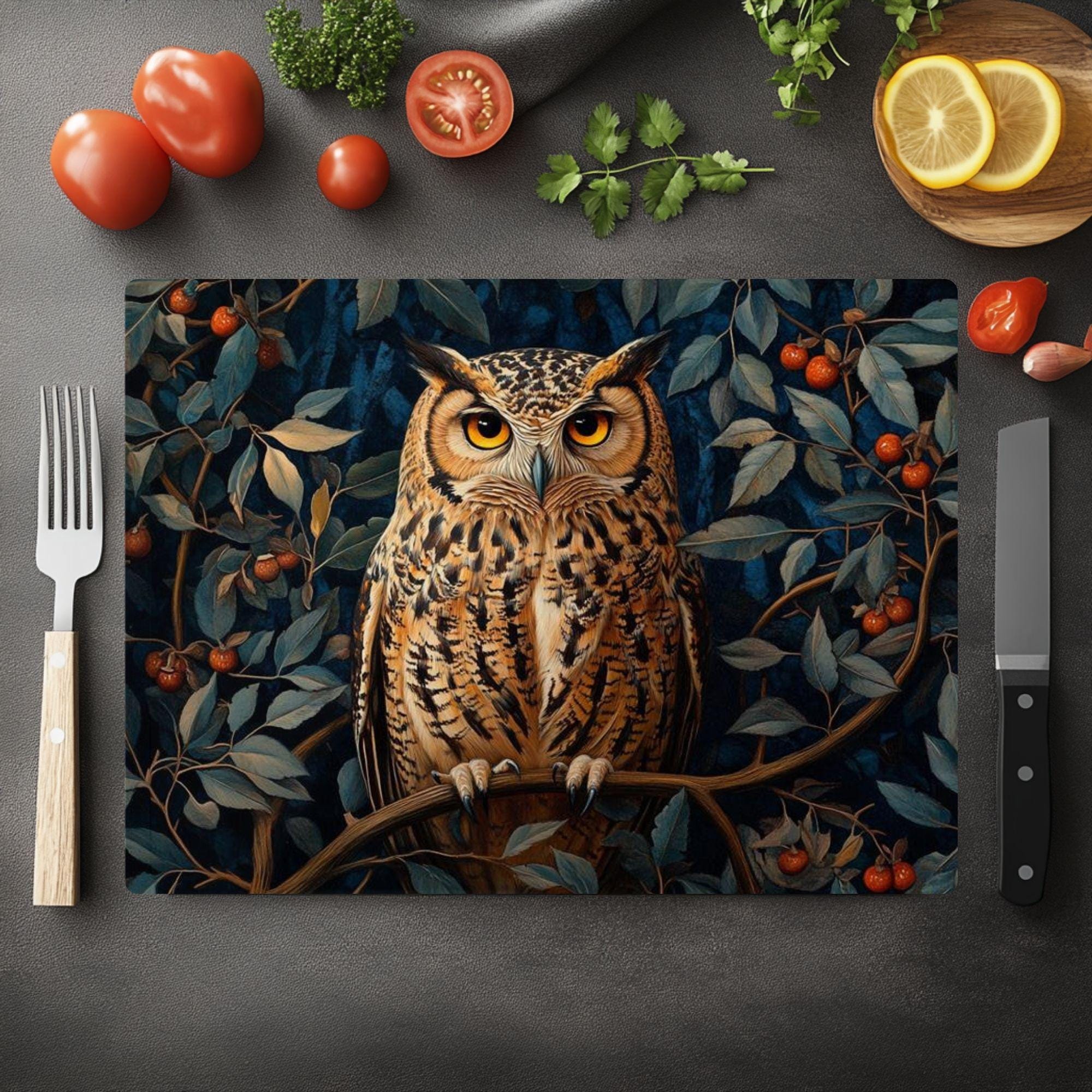 Autumn Owl Glass Cutting Board, Woodland Bird Kitchen Counter Art, Cozy Forest Glass Board Decor, Rustic Nature Serving and Prep Board