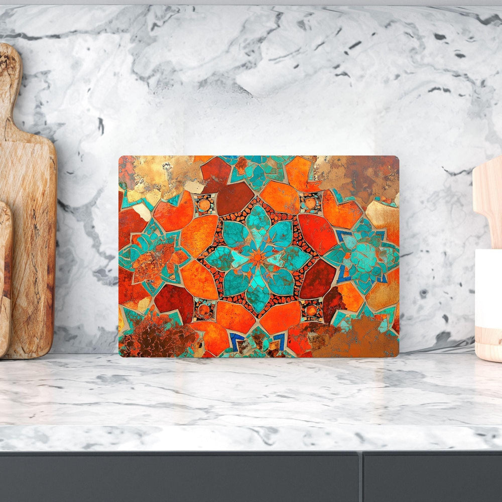 Teal Orange Floral Mosaic Glass Cutting Board, Boho Kitchen Glass Counter Art, Mediterranean Flower Tile Prep Board, Colorful Kitchen Decor