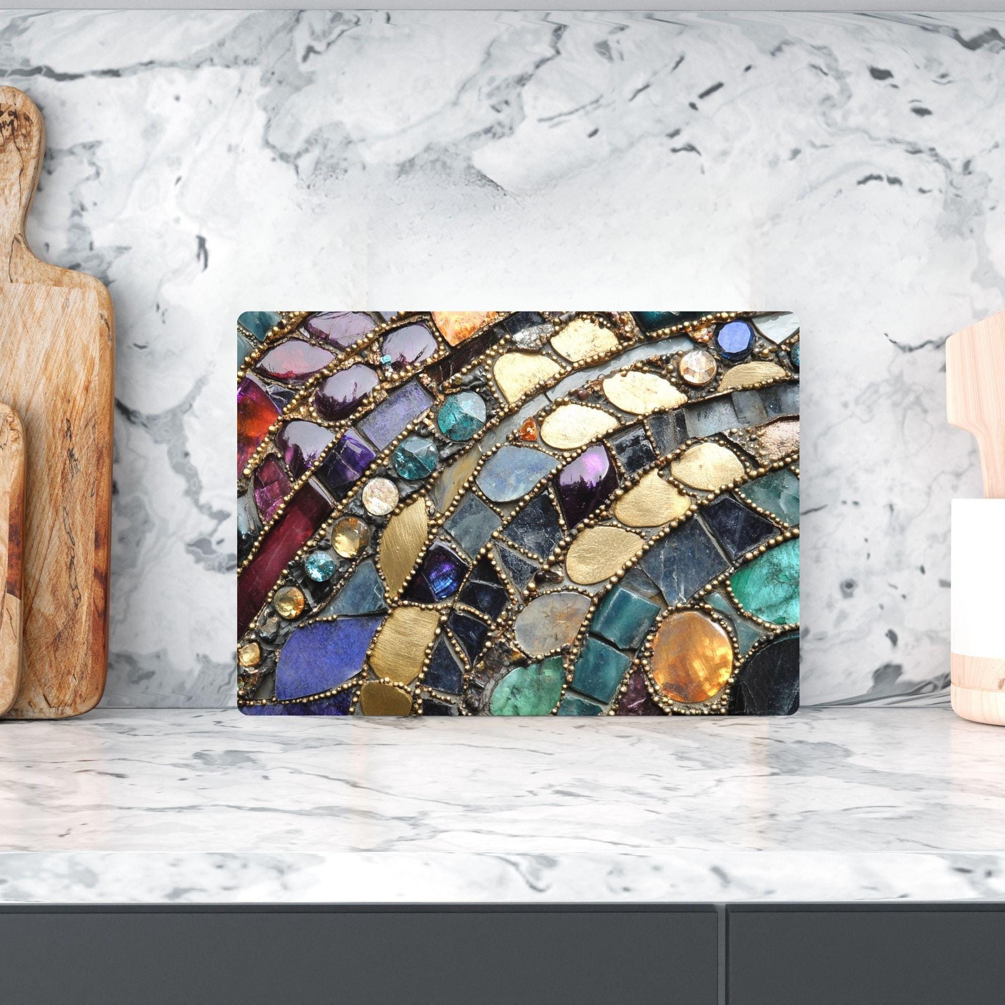 Jewel Tone Gemstone Mosaic Look Glass Cutting Board, Textured Boho Kitchen Glass Counter Art, Stone Pattern Prep Board, Kitchen Gift