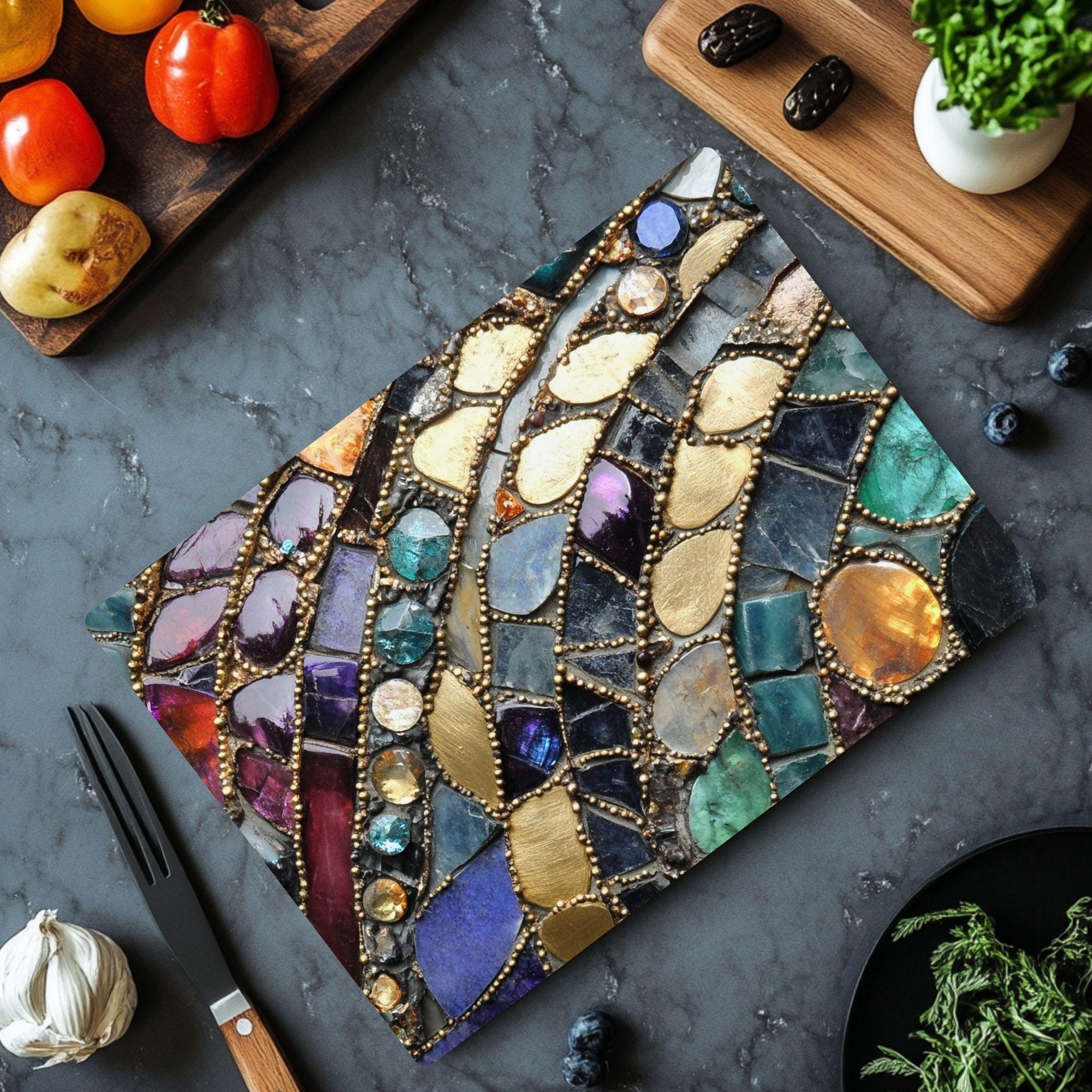 Jewel Tone Gemstone Mosaic Look Glass Cutting Board, Textured Boho Kitchen Glass Counter Art, Stone Pattern Prep Board, Kitchen Gift