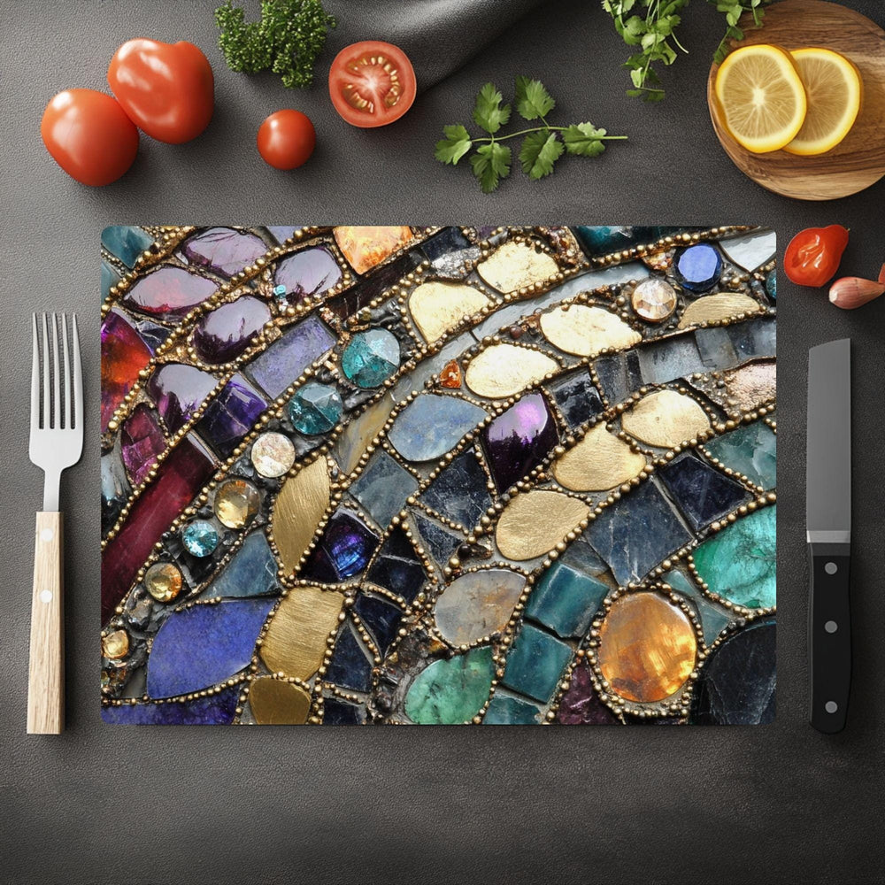 Jewel Tone Gemstone Mosaic Look Glass Cutting Board, Textured Boho Kitchen Glass Counter Art, Stone Pattern Prep Board, Kitchen Gift