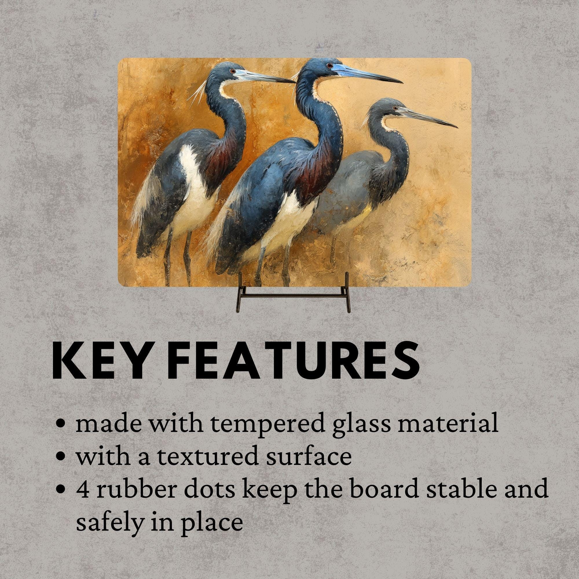 Blue Heron Trio Glass Cutting Board, Coastal Bird Kitchen Glass Counter Art, Elegant Nature Wildlife Prep Board, Beach House Kitchen Decor