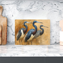 Blue Heron Trio Glass Cutting Board, Coastal Bird Kitchen Glass Counter Art, Elegant Nature Wildlife Prep Board, Beach House Kitchen Decor