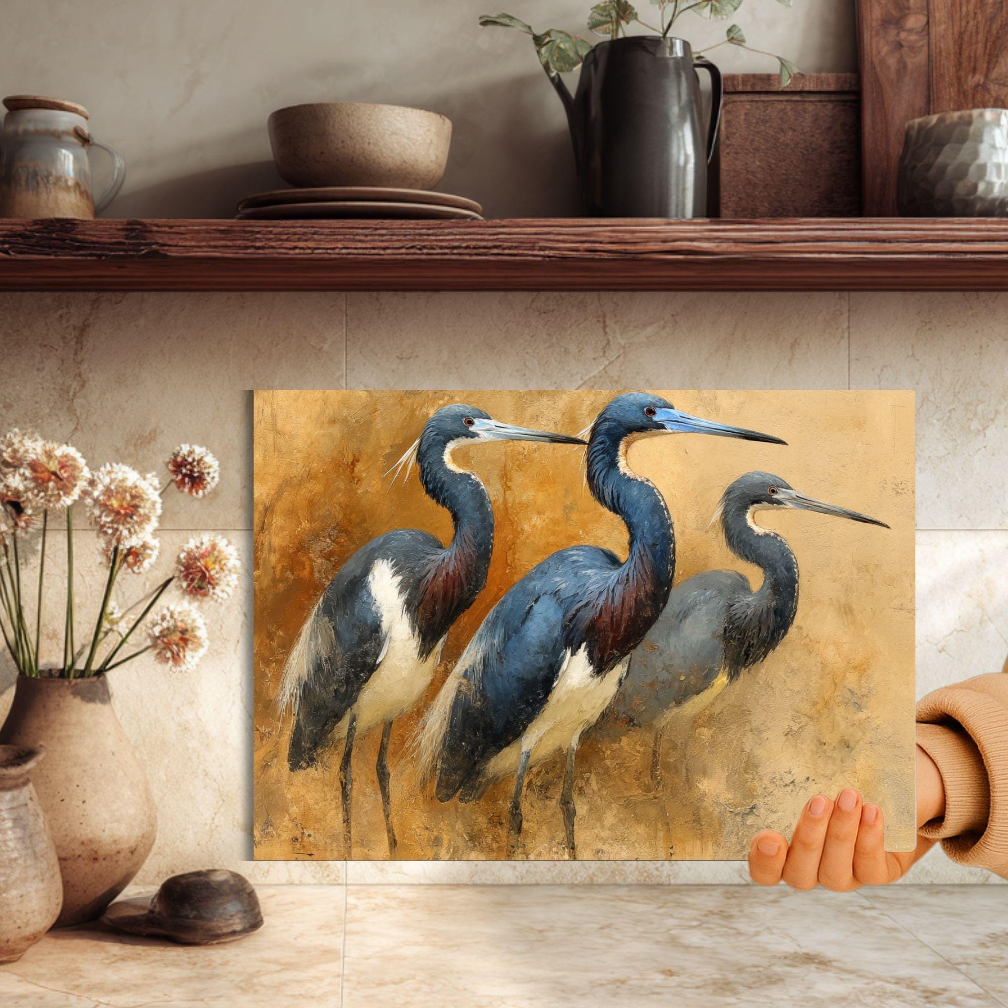 Blue Heron Trio Glass Cutting Board, Coastal Bird Kitchen Glass Counter Art, Elegant Nature Wildlife Prep Board, Beach House Kitchen Decor