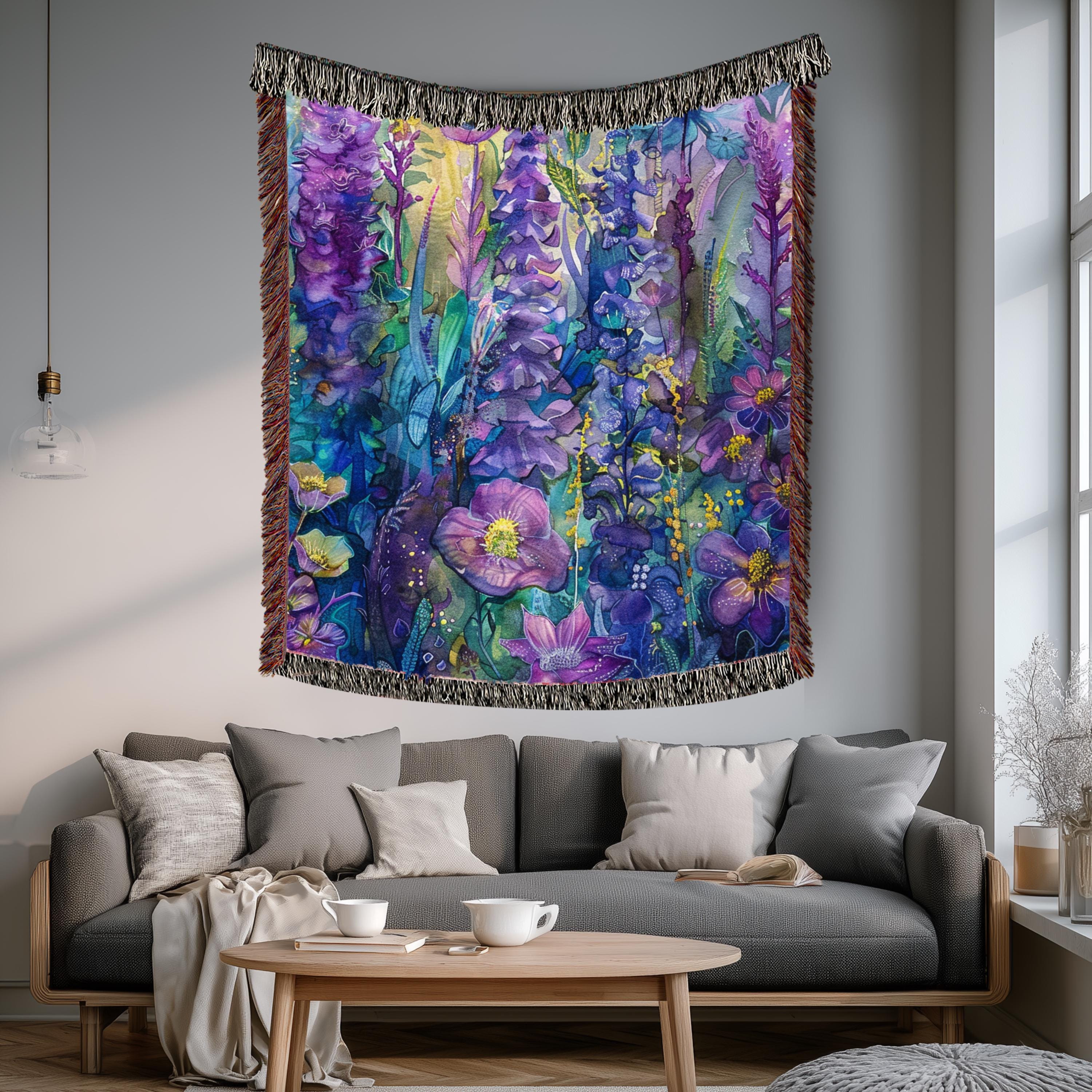 Amethyst Garden Woven Blanket, Vintage Floral Throw, Boho Tapestry Wall Hanging, Cozy Sofa Blanket Gift, Botanical Home Decor Accent