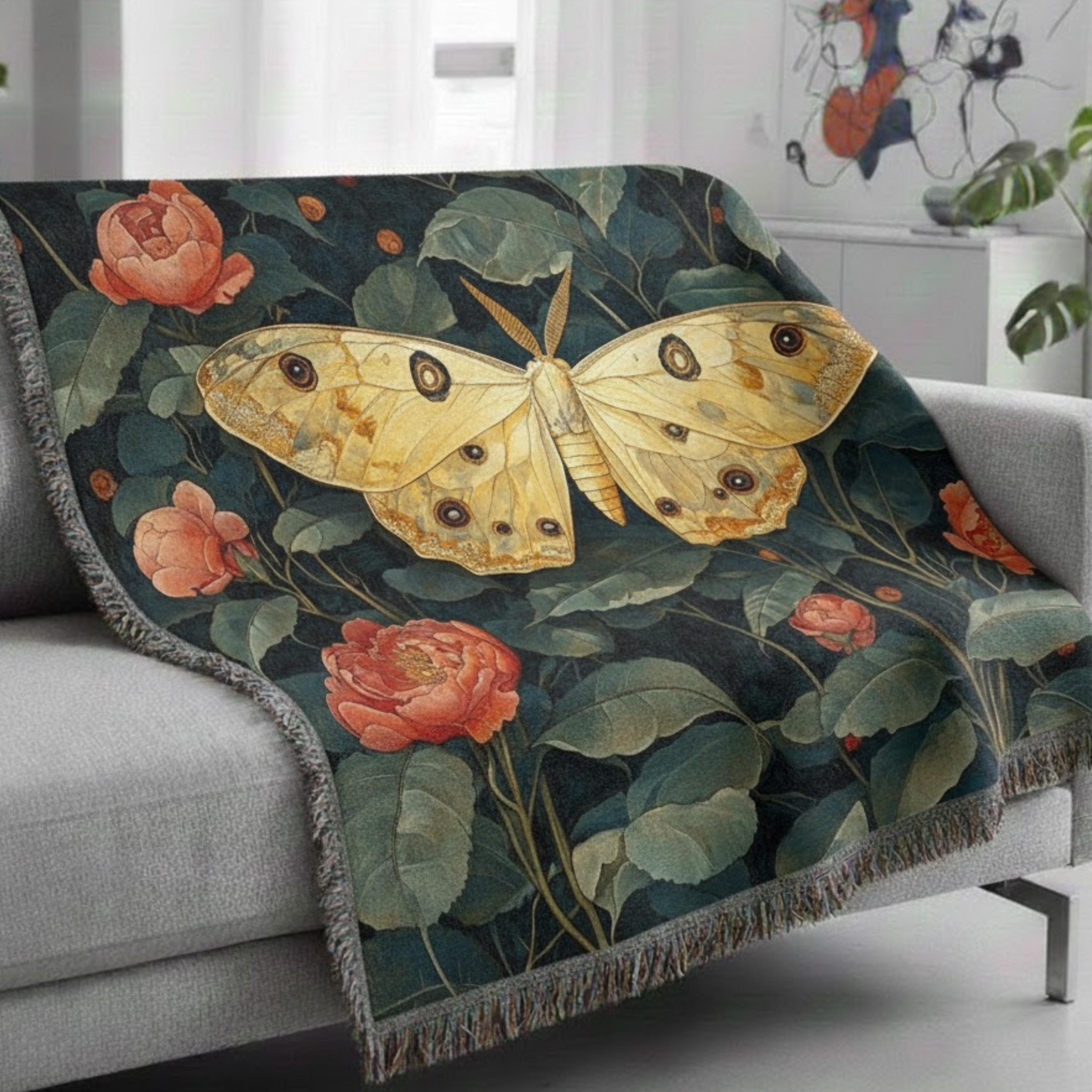 Golden Moth Floral Woven Blanket, Vintage Garden Throw, Botanical Boho Tapestry, Elegant Nature Blanket Gift, Moody Home Decor Accent