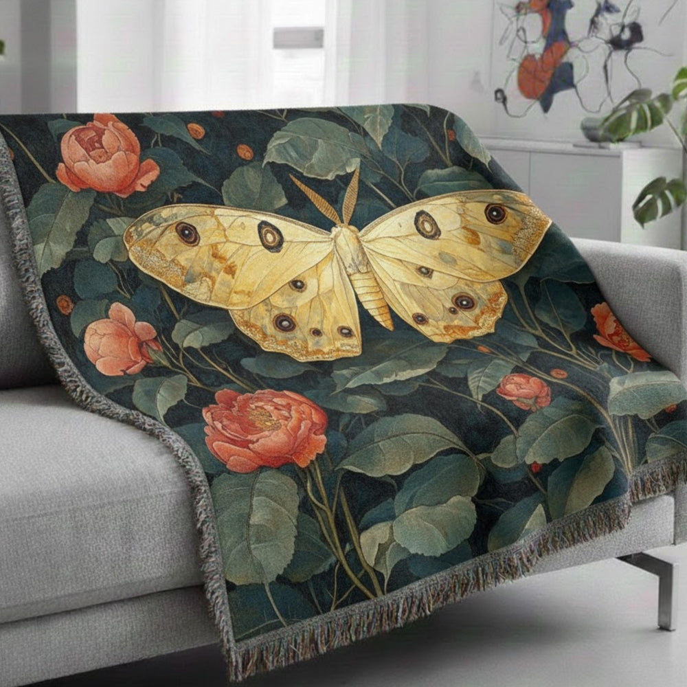 Golden Moth Floral Woven Blanket, Vintage Garden Throw, Botanical Boho Tapestry, Elegant Nature Blanket Gift, Moody Home Decor Accent