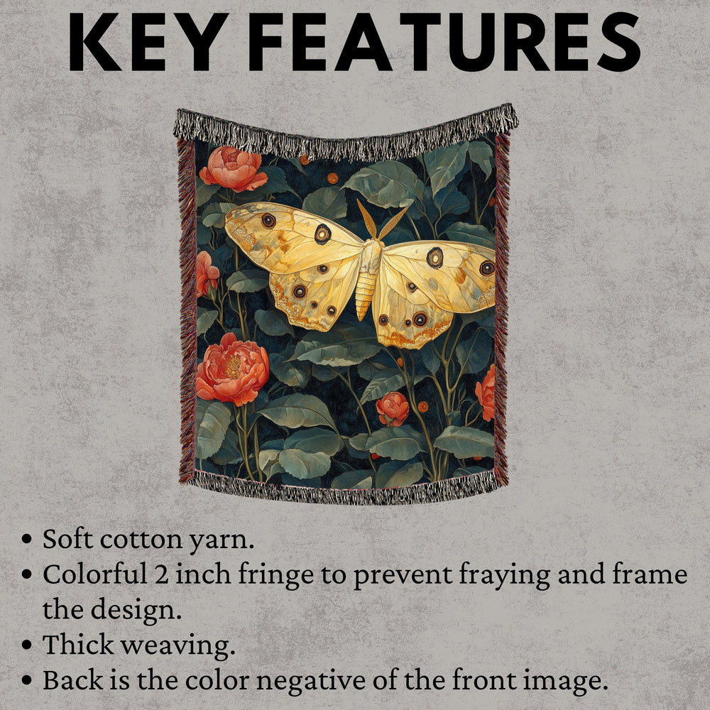 Golden Moth Floral Woven Blanket, Vintage Garden Throw, Botanical Boho Tapestry, Elegant Nature Blanket Gift, Moody Home Decor Accent