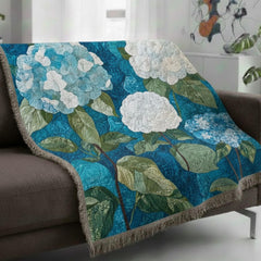 Hydrangea Woven Blanket, Blue Floral Throw, Botanical Tapestry Wall Hanging, Cozy Sofa Blanket Gift, Garden Bloom Decor Accent