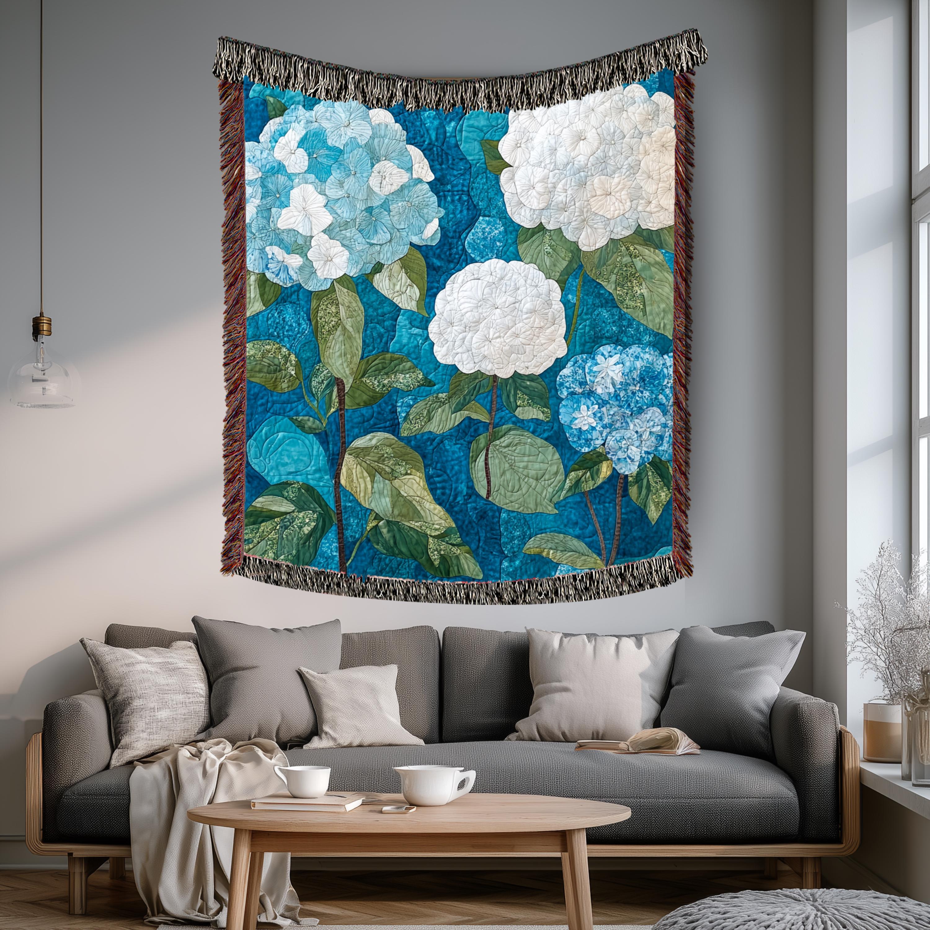 Hydrangea Woven Blanket, Blue Floral Throw, Botanical Tapestry Wall Hanging, Cozy Sofa Blanket Gift, Garden Bloom Decor Accent