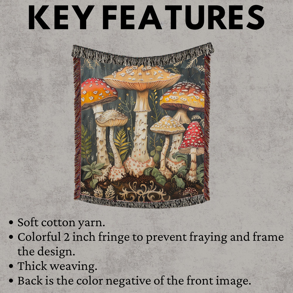 Mushroom Woven Blanket, Woodland Fungi Throw, Rustic Tapestry Wall Hanging, Cozy Sofa Blanket Gift, Forest Botanical Decor Accent