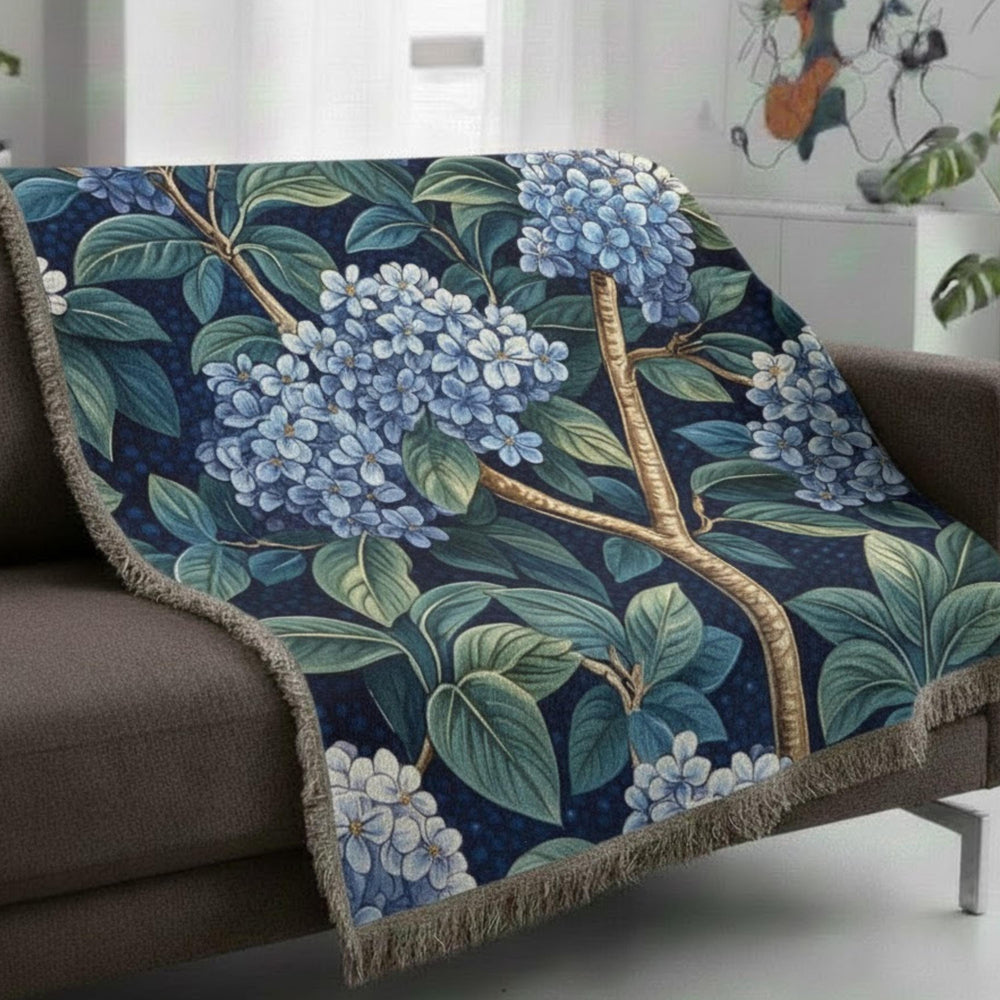 Lilac Woven Blanket, Blue Botanical Throw, Floral Tapestry Wall Hanging, Cozy Sofa Blanket, Vintage Garden Decor Accent