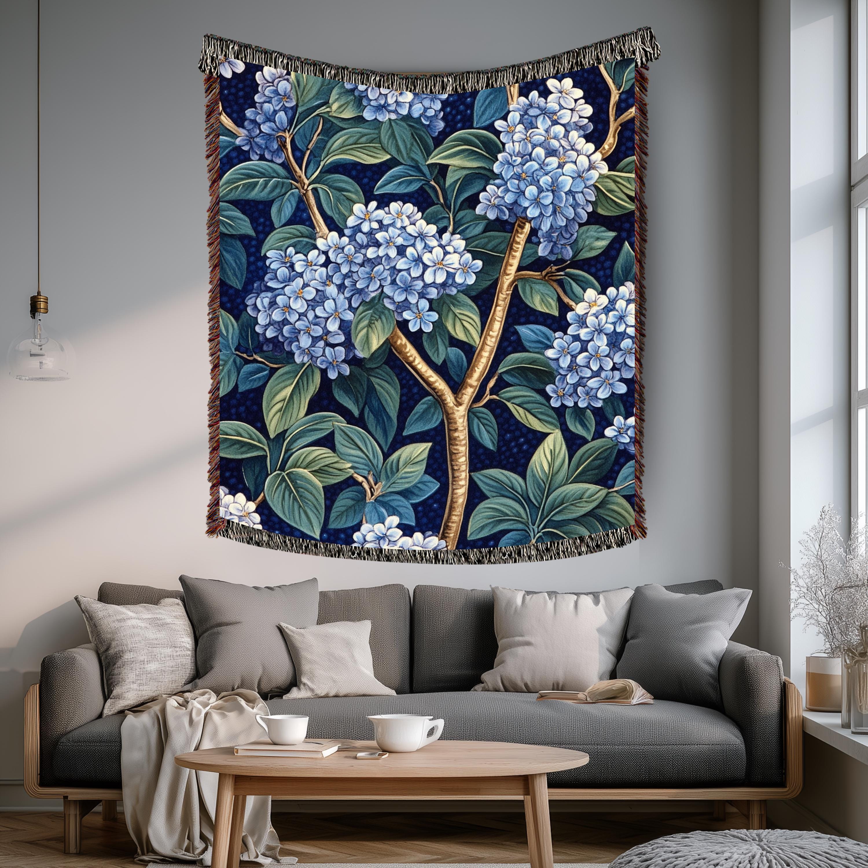 Lilac Woven Blanket, Blue Botanical Throw, Floral Tapestry Wall Hanging, Cozy Sofa Blanket, Vintage Garden Decor Accent