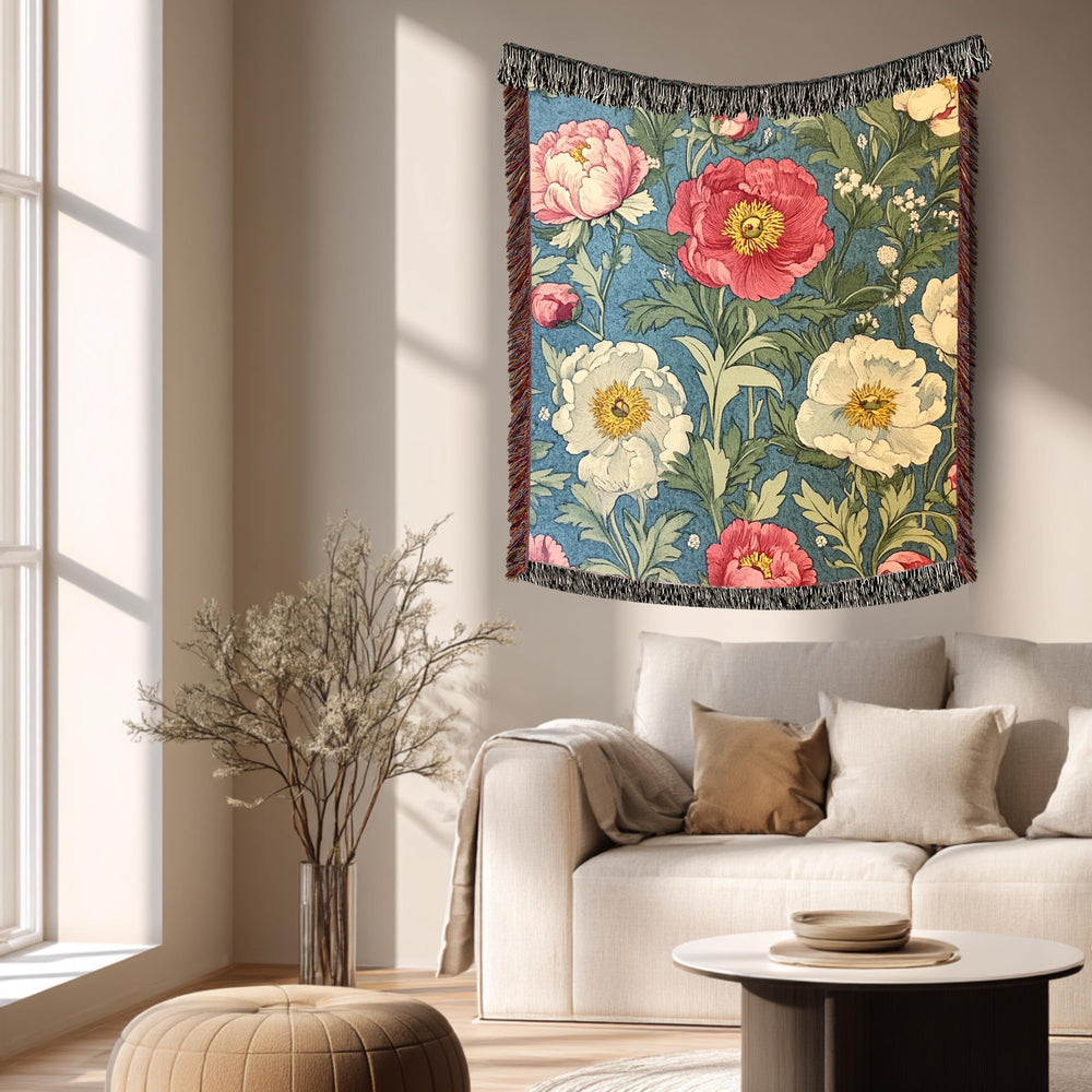 Poppy Floral Woven Blanket, Vintage Botanical Throw, Decorative Tapestry Wall Hanging, Cozy Sofa Blanket Gift, Garden Bloom Decor Accent