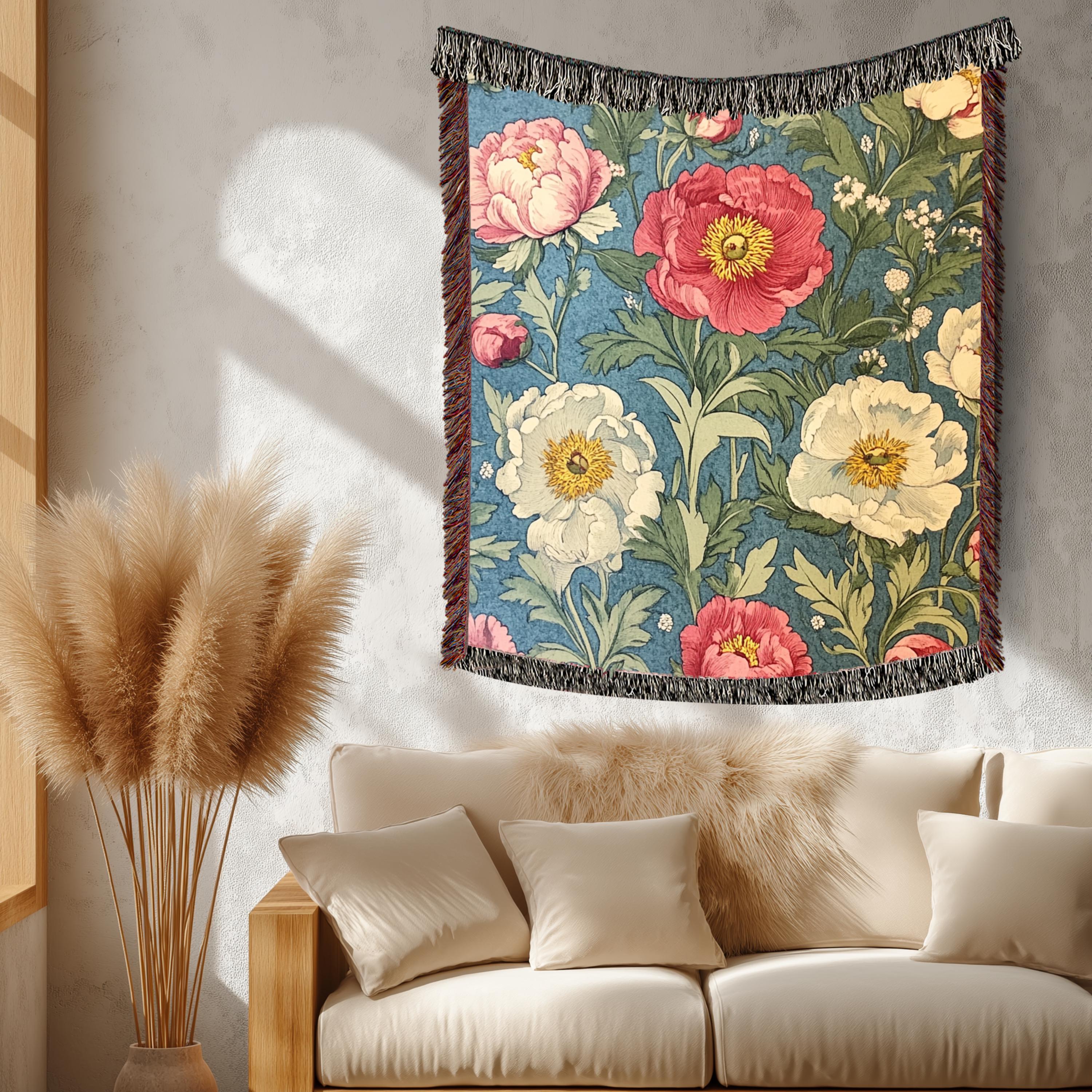 Poppy Floral Woven Blanket, Vintage Botanical Throw, Decorative Tapestry Wall Hanging, Cozy Sofa Blanket Gift, Garden Bloom Decor Accent