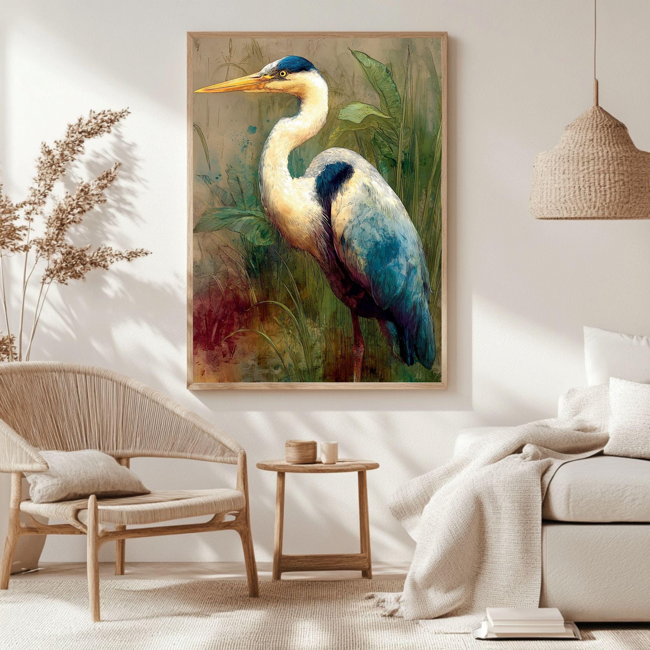 Heron In Marsh Wooden Canvas Art, Rustic Nature Bird Wall Decor, Coastal Wildlife Print For Lake House, Cabin, Farmhouse Home Styling
