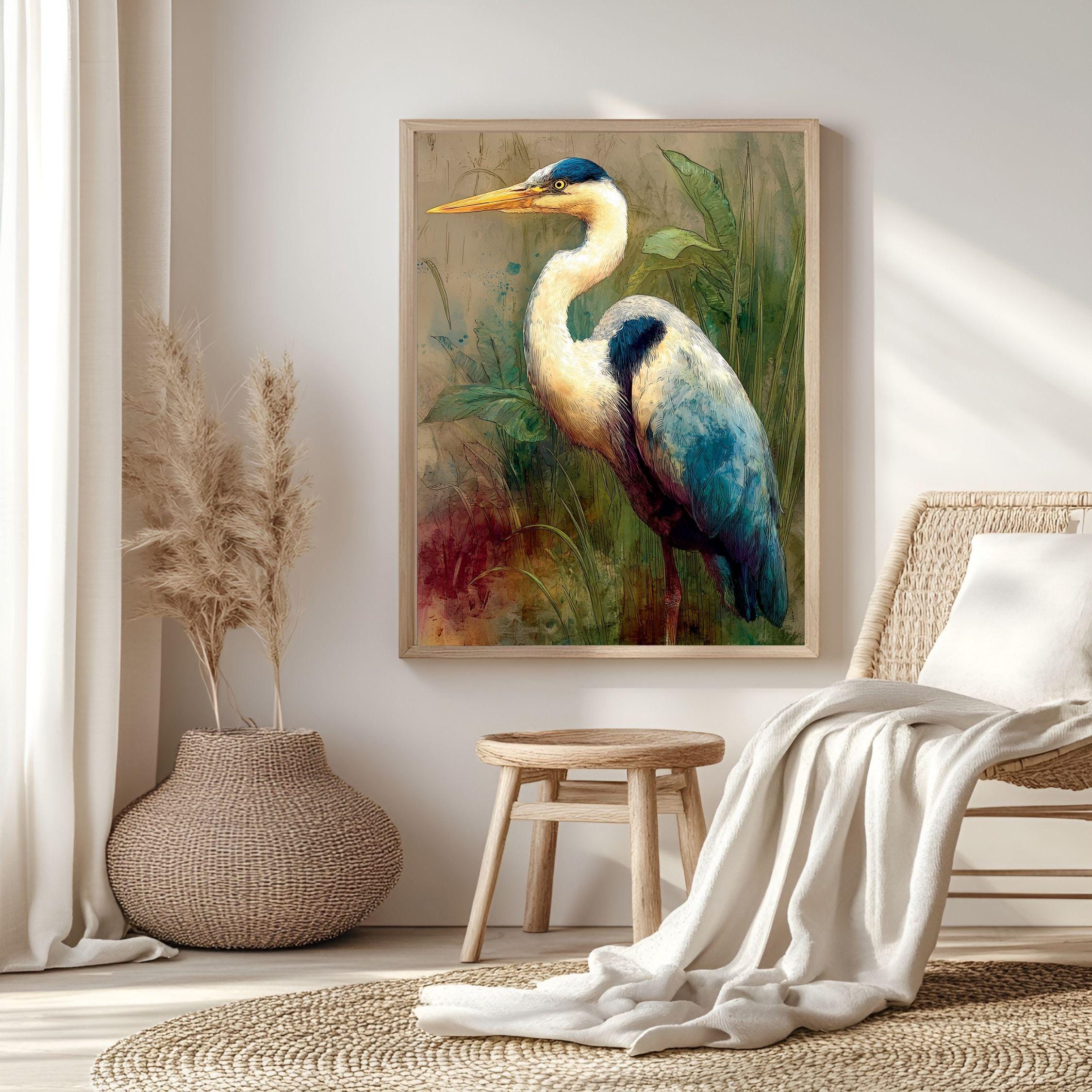 Heron In Marsh Wooden Canvas Art, Rustic Nature Bird Wall Decor, Coastal Wildlife Print For Lake House, Cabin, Farmhouse Home Styling