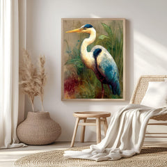 Heron In Marsh Wooden Canvas Art, Rustic Nature Bird Wall Decor, Coastal Wildlife Print For Lake House, Cabin, Farmhouse Home Styling