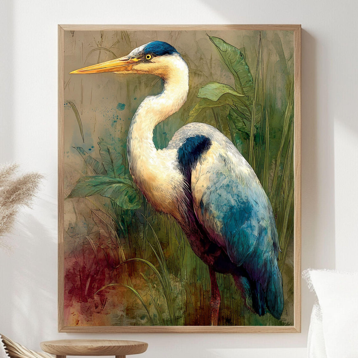 Heron In Marsh Wooden Canvas Art, Rustic Nature Bird Wall Decor, Coastal Wildlife Print For Lake House, Cabin, Farmhouse Home Styling
