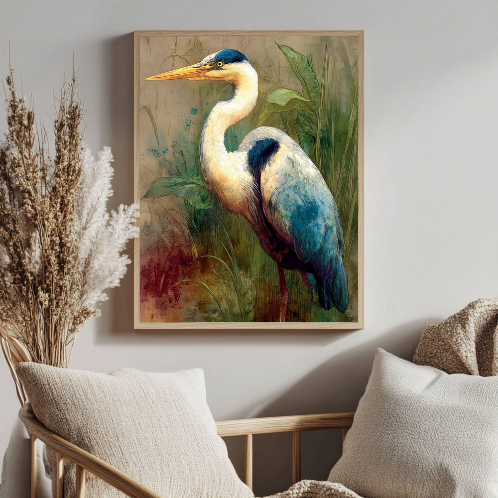 Heron In Marsh Wooden Canvas Art, Rustic Nature Bird Wall Decor, Coastal Wildlife Print For Lake House, Cabin, Farmhouse Home Styling