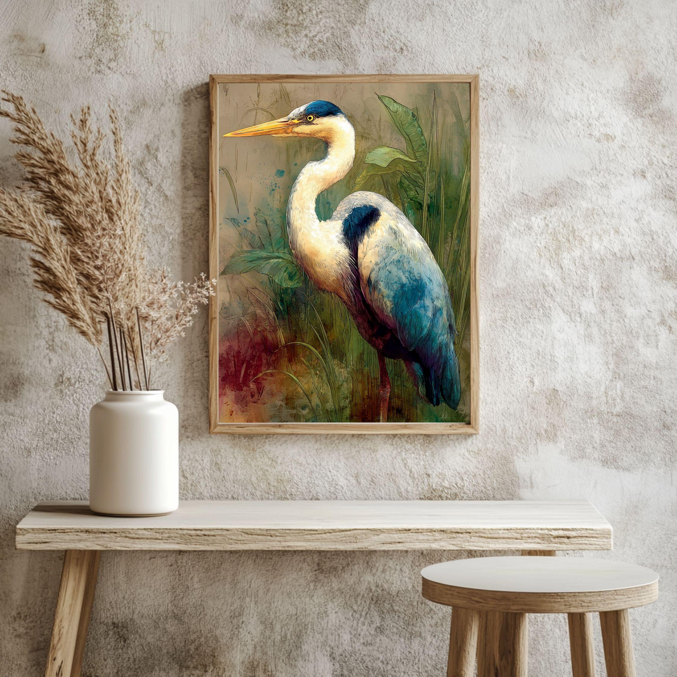 Heron In Marsh Wooden Canvas Art, Rustic Nature Bird Wall Decor, Coastal Wildlife Print For Lake House, Cabin, Farmhouse Home Styling