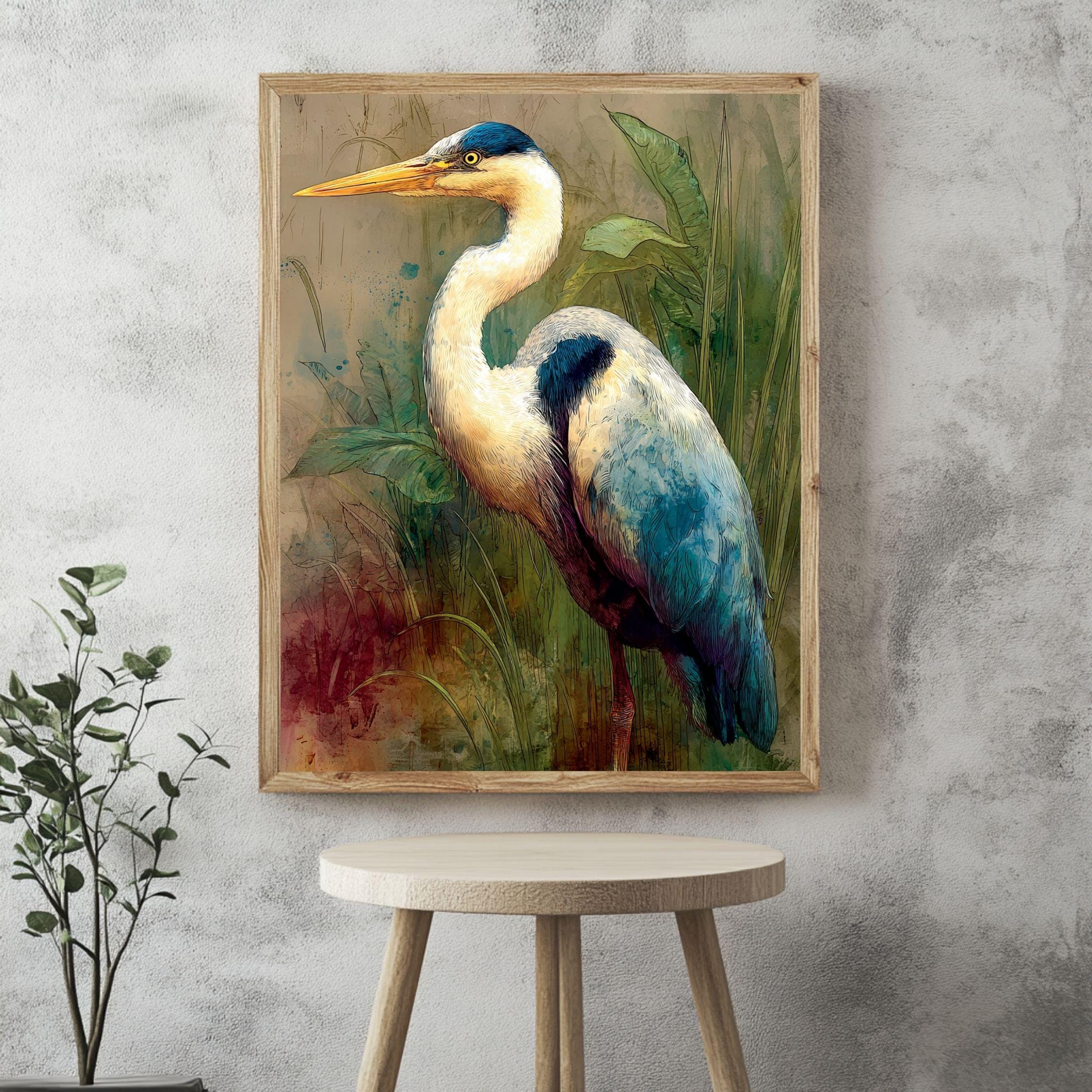 Heron In Marsh Wooden Canvas Art, Rustic Nature Bird Wall Decor, Coastal Wildlife Print For Lake House, Cabin, Farmhouse Home Styling