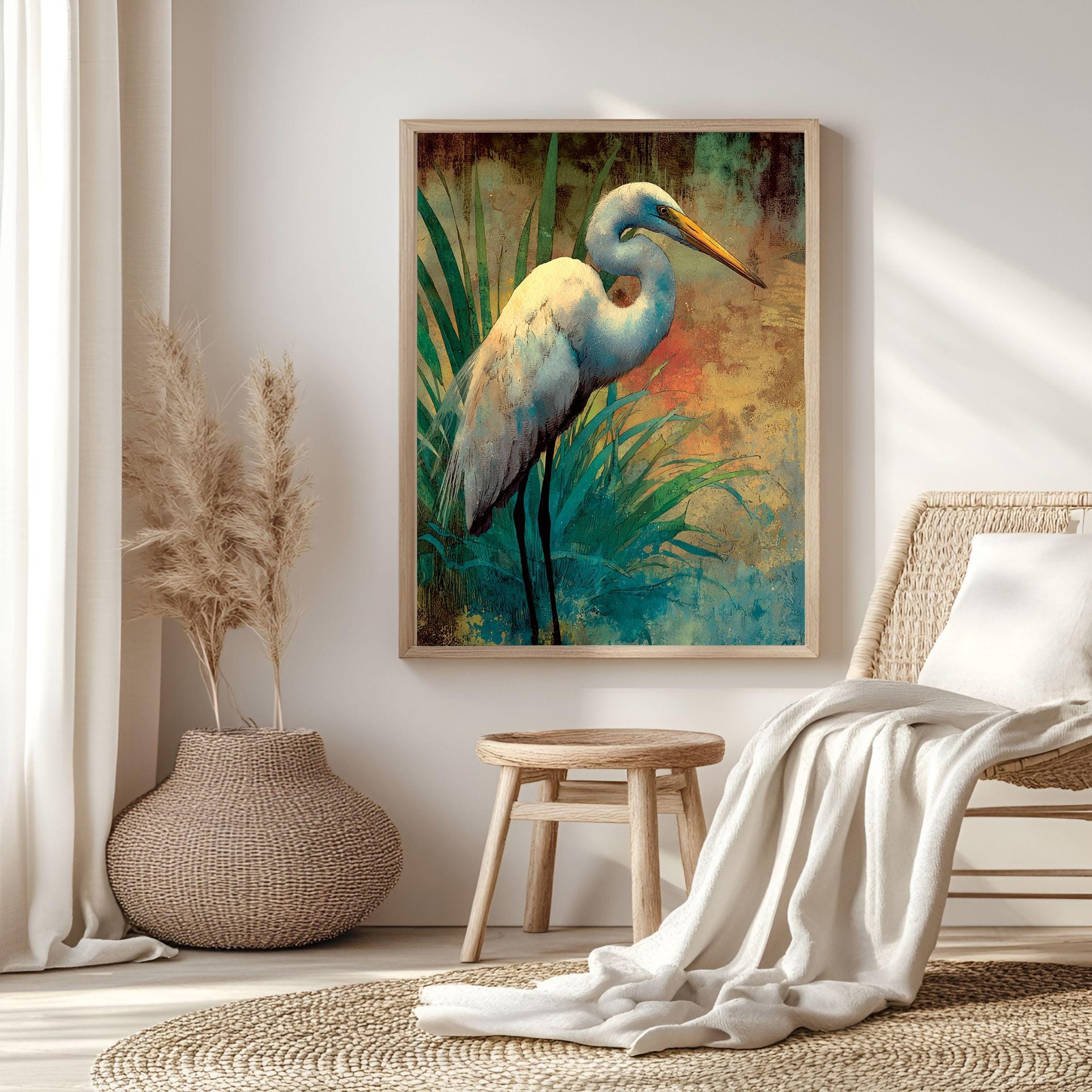 Egret At Meadow Edge Wooden Canvas Art, Warm Wildlife Wall Decor, Elegant Bird Nature Print For Boho, Coastal, Rustic Home Interiors