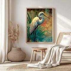 Egret At Meadow Edge Wooden Canvas Art, Warm Wildlife Wall Decor, Elegant Bird Nature Print For Boho, Coastal, Rustic Home Interiors