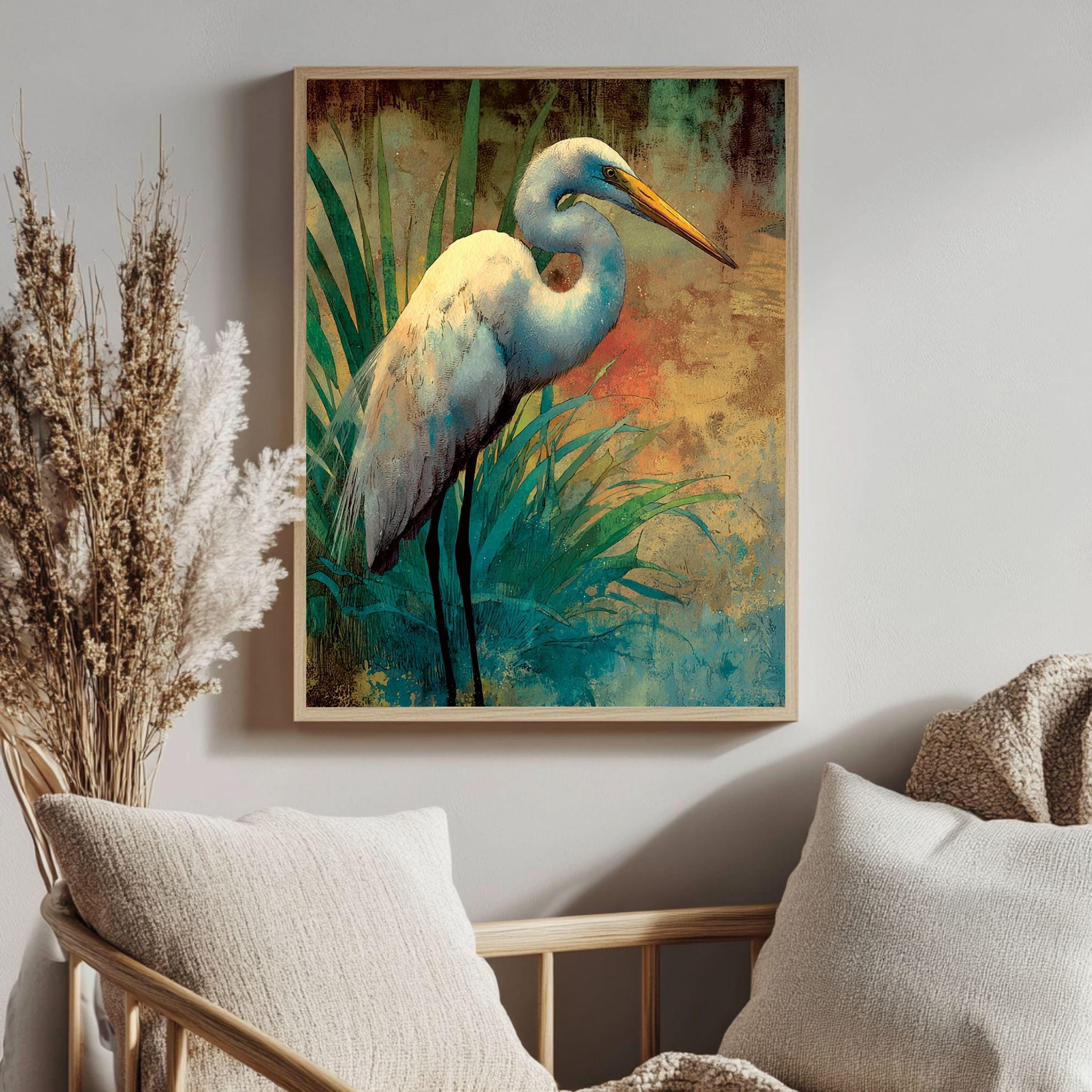 Egret At Meadow Edge Wooden Canvas Art, Warm Wildlife Wall Decor, Elegant Bird Nature Print For Boho, Coastal, Rustic Home Interiors