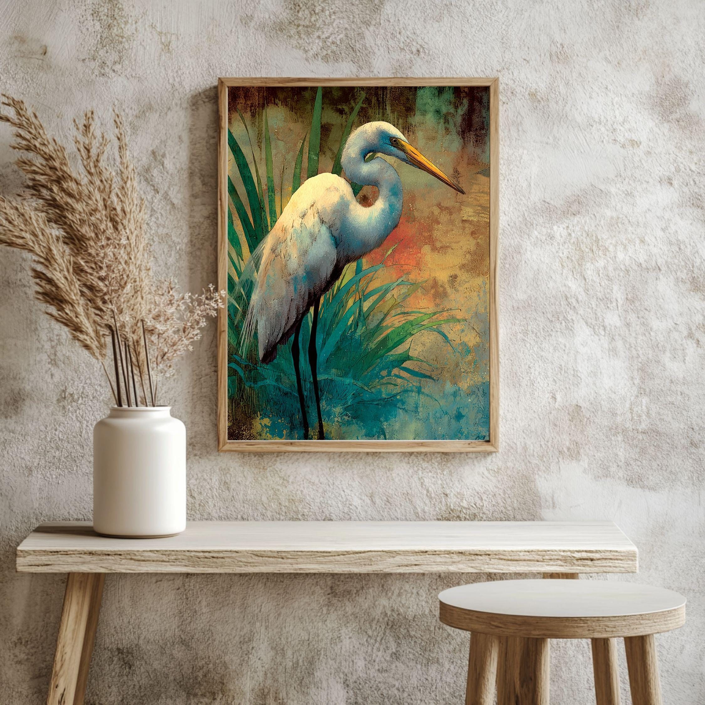 Egret At Meadow Edge Wooden Canvas Art, Warm Wildlife Wall Decor, Elegant Bird Nature Print For Boho, Coastal, Rustic Home Interiors