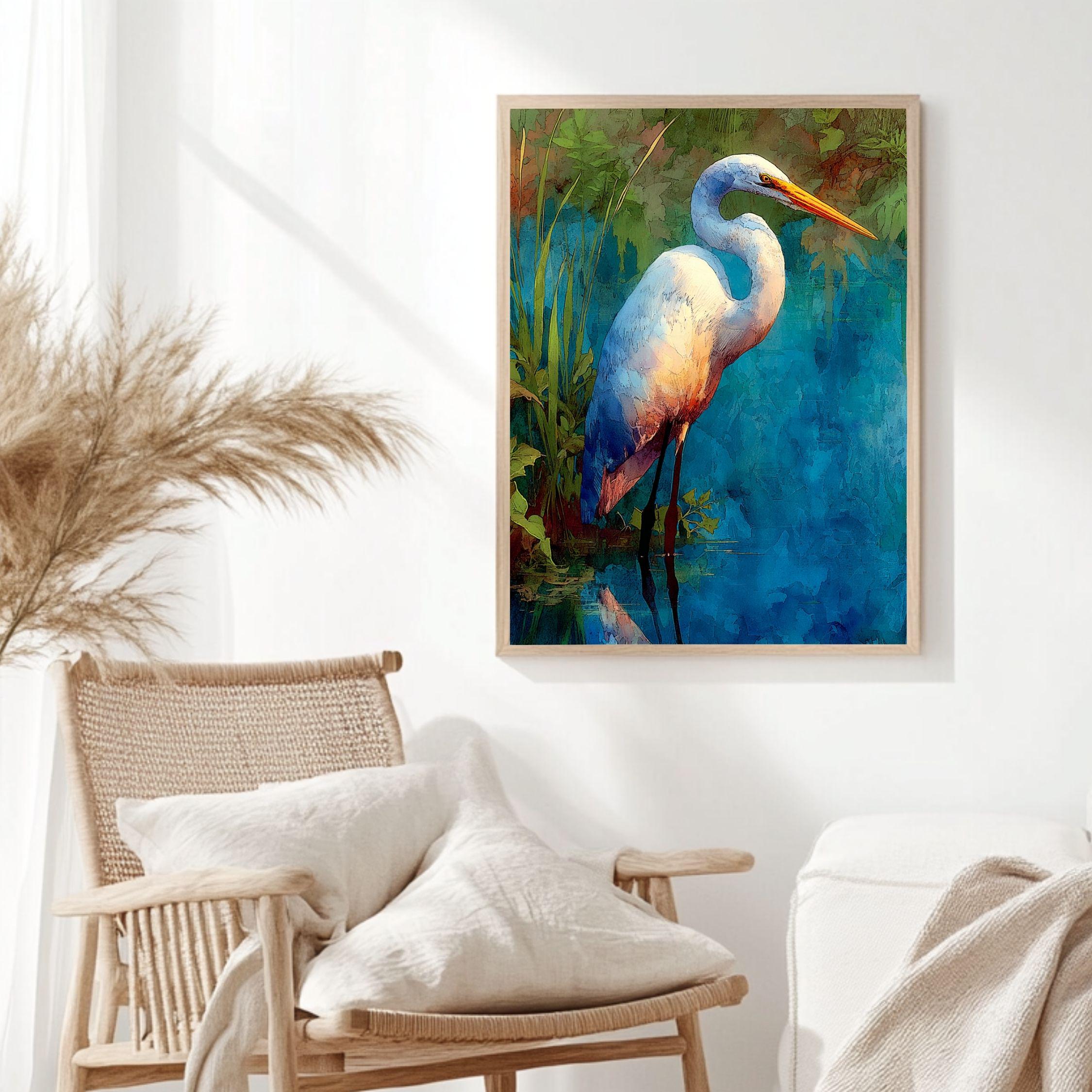 Egret By Blue Water Wooden Canvas Art, Tranquil Wildlife Wall Decor, Serene Nature Bird Print For Lake House, Spa, Relaxing Home Spaces