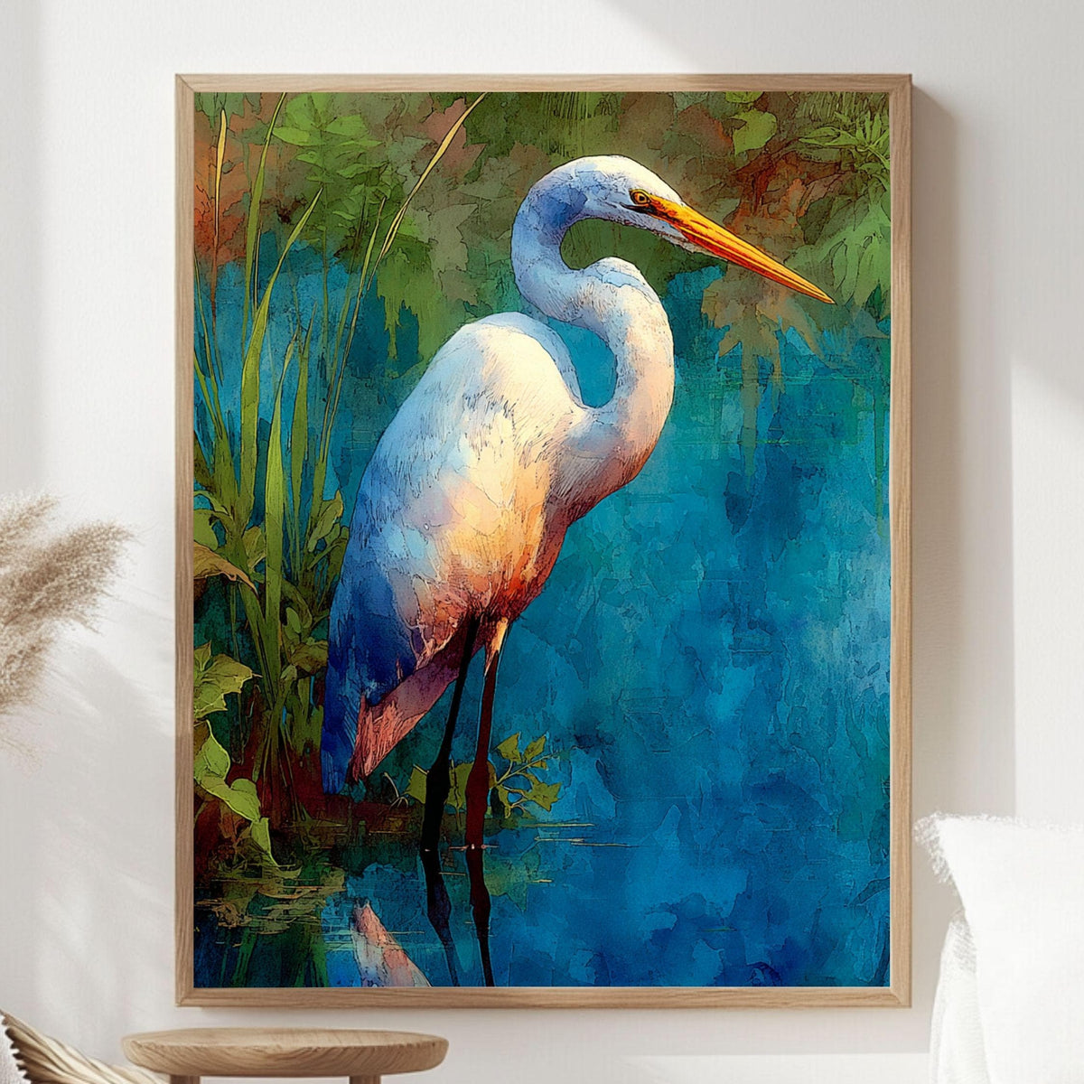 Egret By Blue Water Wooden Canvas Art, Tranquil Wildlife Wall Decor, Serene Nature Bird Print For Lake House, Spa, Relaxing Home Spaces