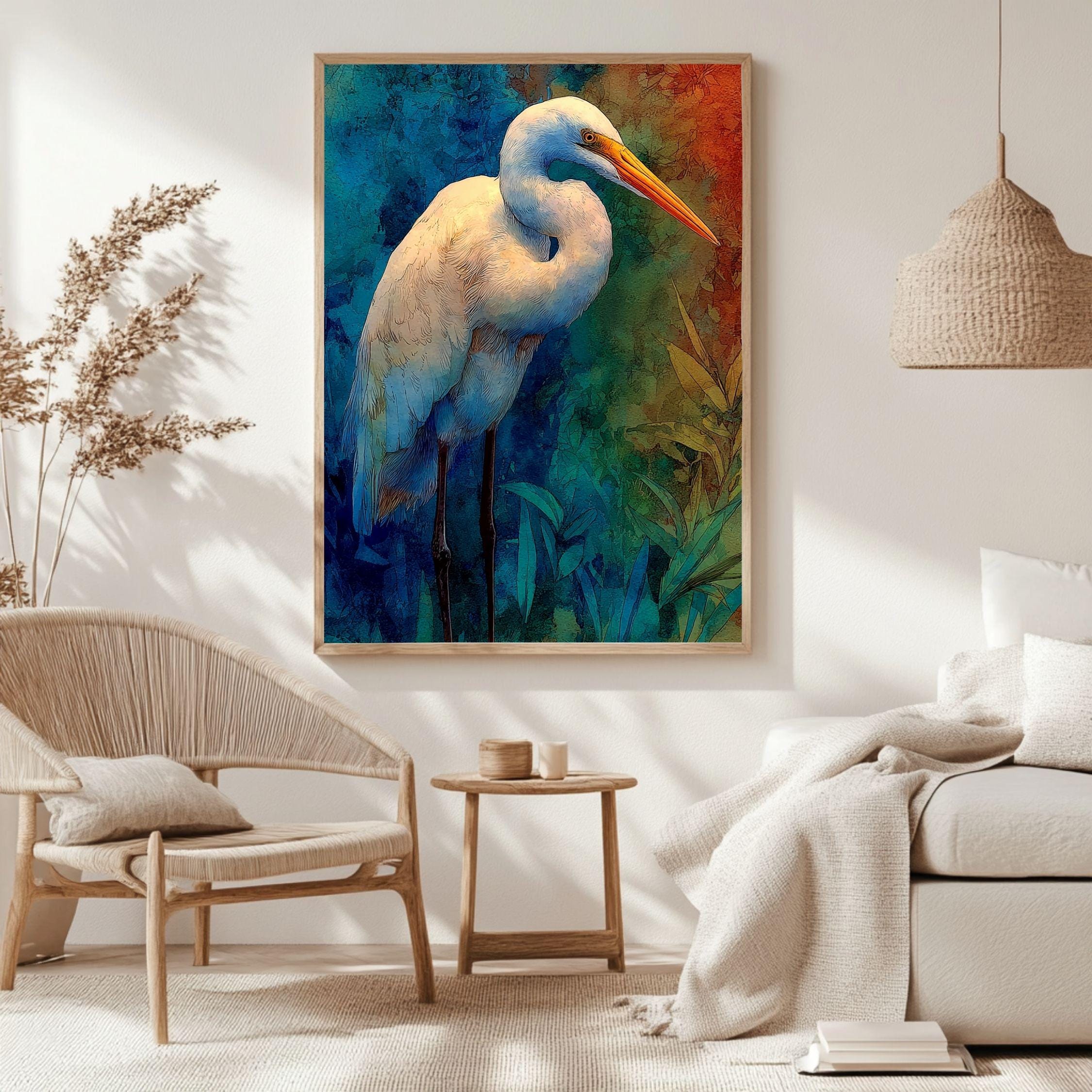 Egret Twilight Wooden Canvas Art, Blue And Rust Wildlife Bird Print, Moody Nature Wall Decor For Cabin, Coastal, Rustic Home Styling
