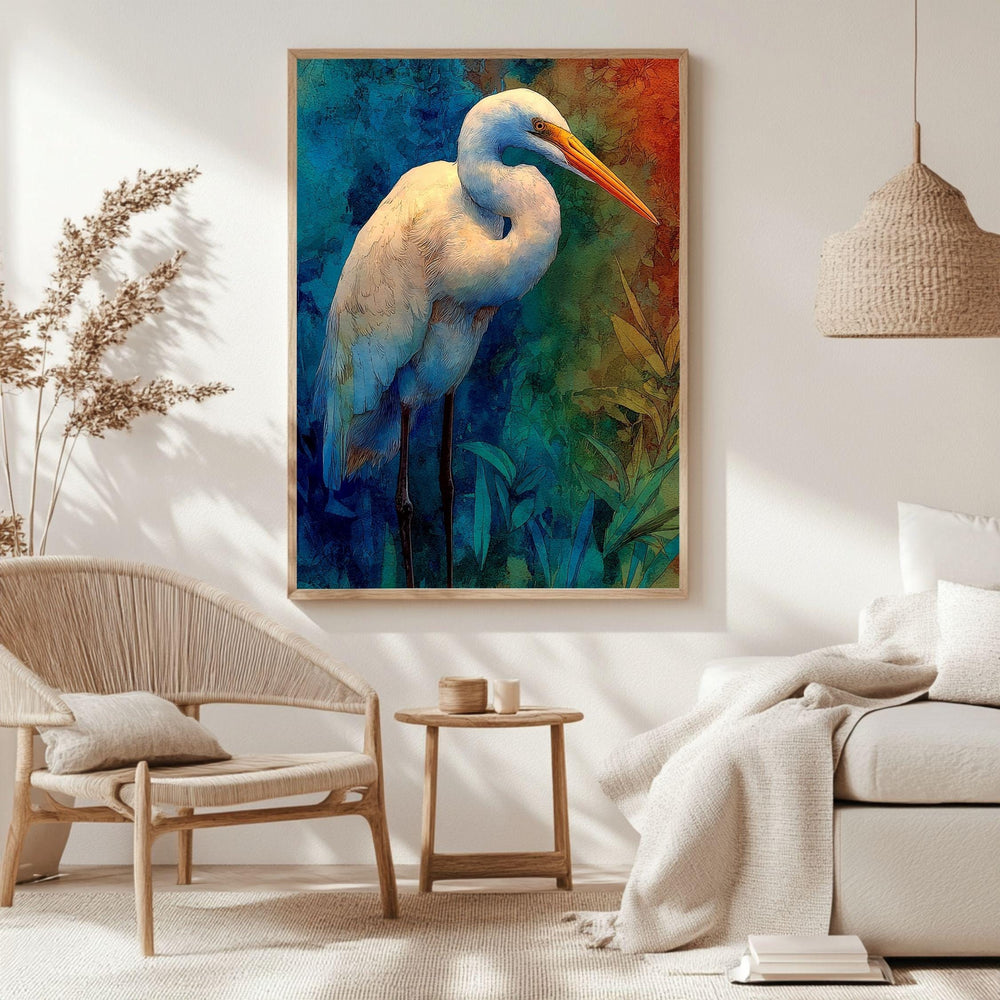 Egret Twilight Wooden Canvas Art, Blue And Rust Wildlife Bird Print, Moody Nature Wall Decor For Cabin, Coastal, Rustic Home Styling