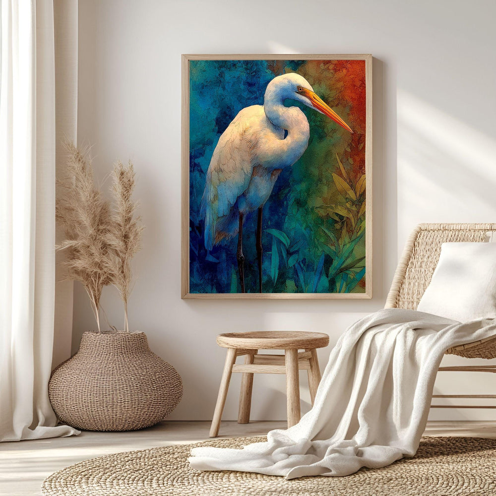 Egret Twilight Wooden Canvas Art, Blue And Rust Wildlife Bird Print, Moody Nature Wall Decor For Cabin, Coastal, Rustic Home Styling