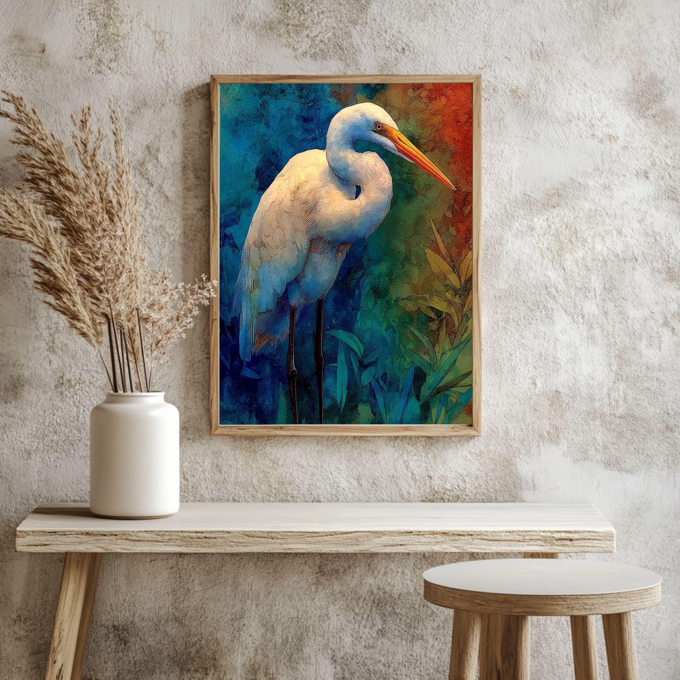 Egret Twilight Wooden Canvas Art, Blue And Rust Wildlife Bird Print, Moody Nature Wall Decor For Cabin, Coastal, Rustic Home Styling