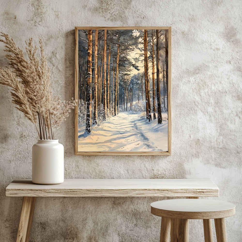 Winter Pine Forest Path Wooden Canvas Art, Snowy Landscape Wall Decor, Cozy Rustic Winter Print For Cabin, Lodge, Scandinavian Homes