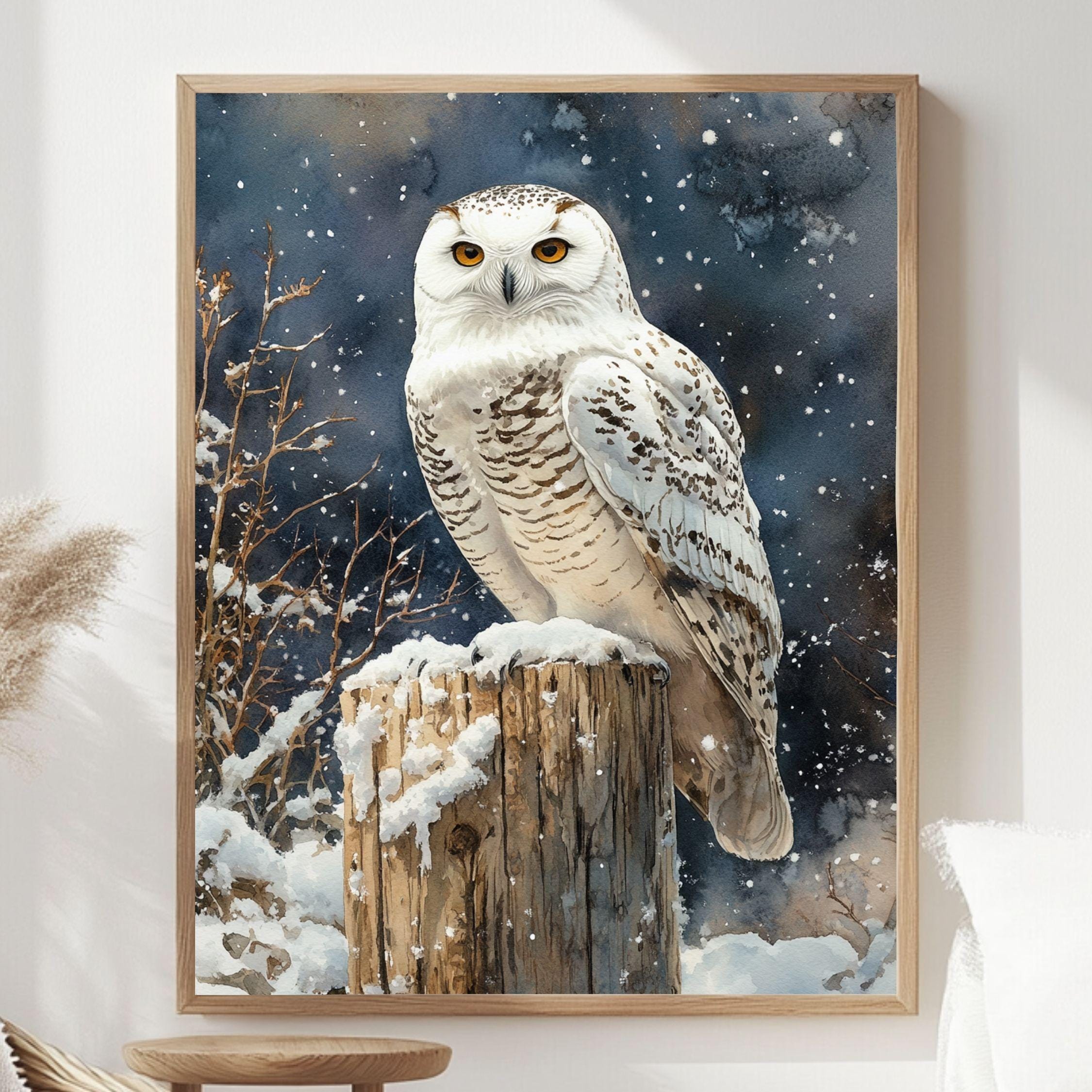 Snowy Owl Night Wooden Canvas Art, Winter Bird Wildlife Wall Decor, Rustic Snow Scene Artwork for Cabin Homes and Cozy Seasonal Displays