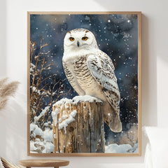 Snowy Owl Night Wooden Canvas Art, Winter Bird Wildlife Wall Decor, Rustic Snow Scene Artwork for Cabin Homes and Cozy Seasonal Displays