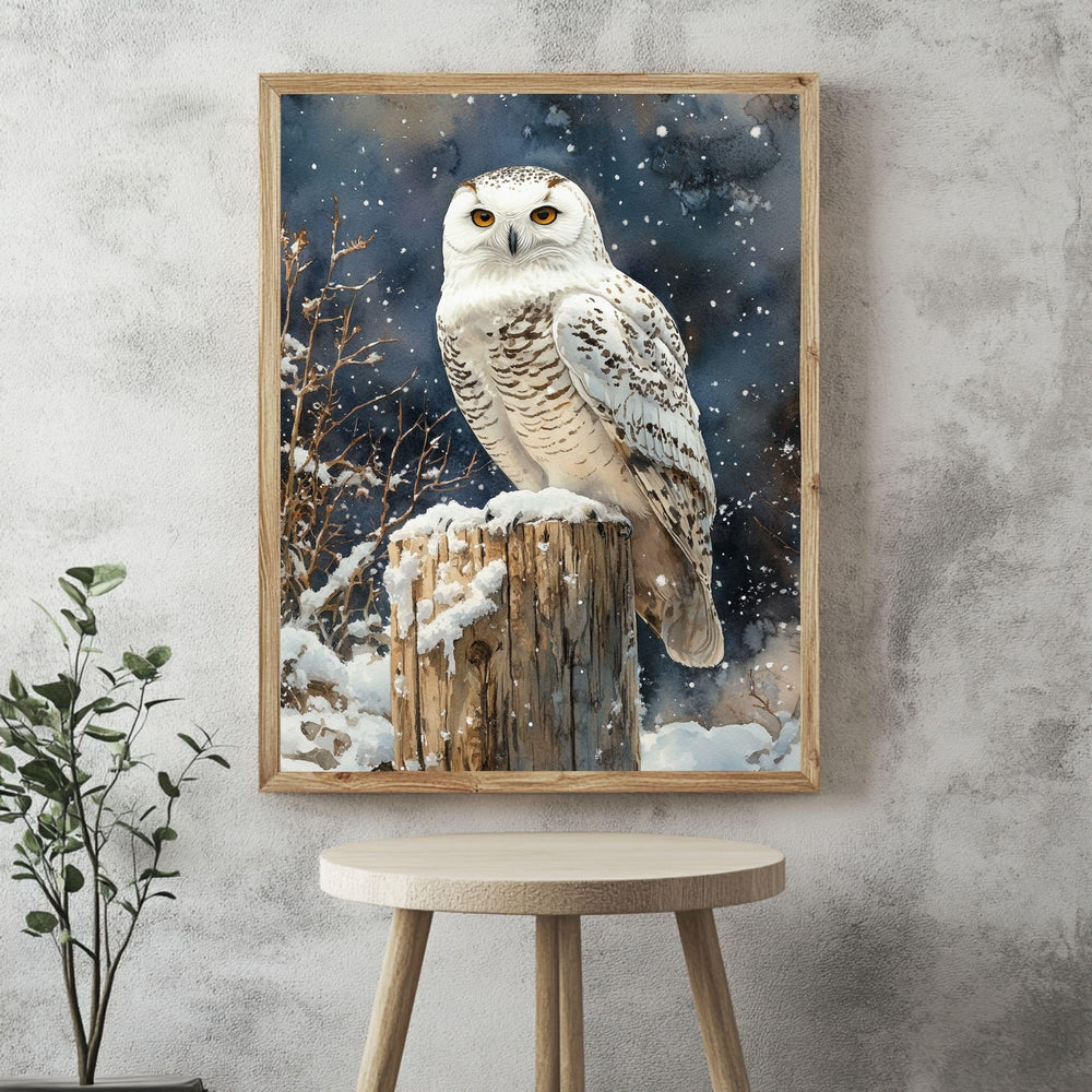 Snowy Owl Night Wooden Canvas Art, Winter Bird Wildlife Wall Decor, Rustic Snow Scene Artwork for Cabin Homes and Cozy Seasonal Displays