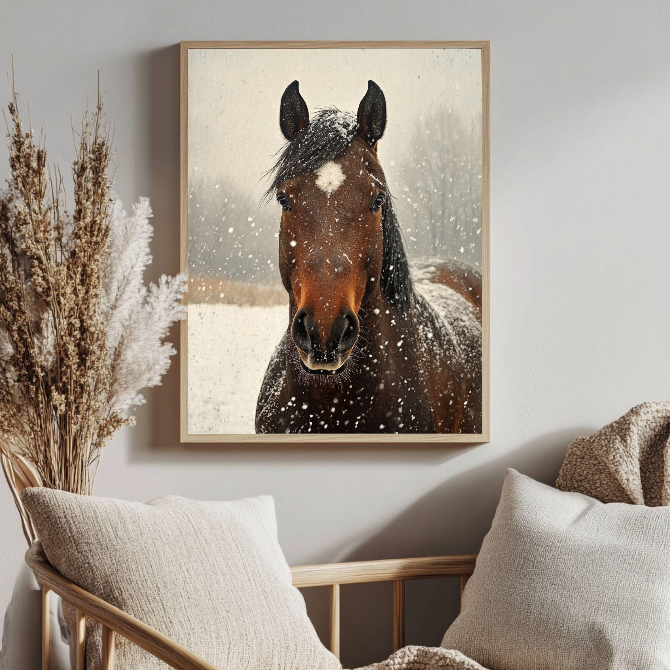 Snowy Horse Portrait Wooden Canvas Art, Rustic Winter Farmhouse Wall Decor, Equine Artwork for Country, Cabin, and Nature Inspired Homes
