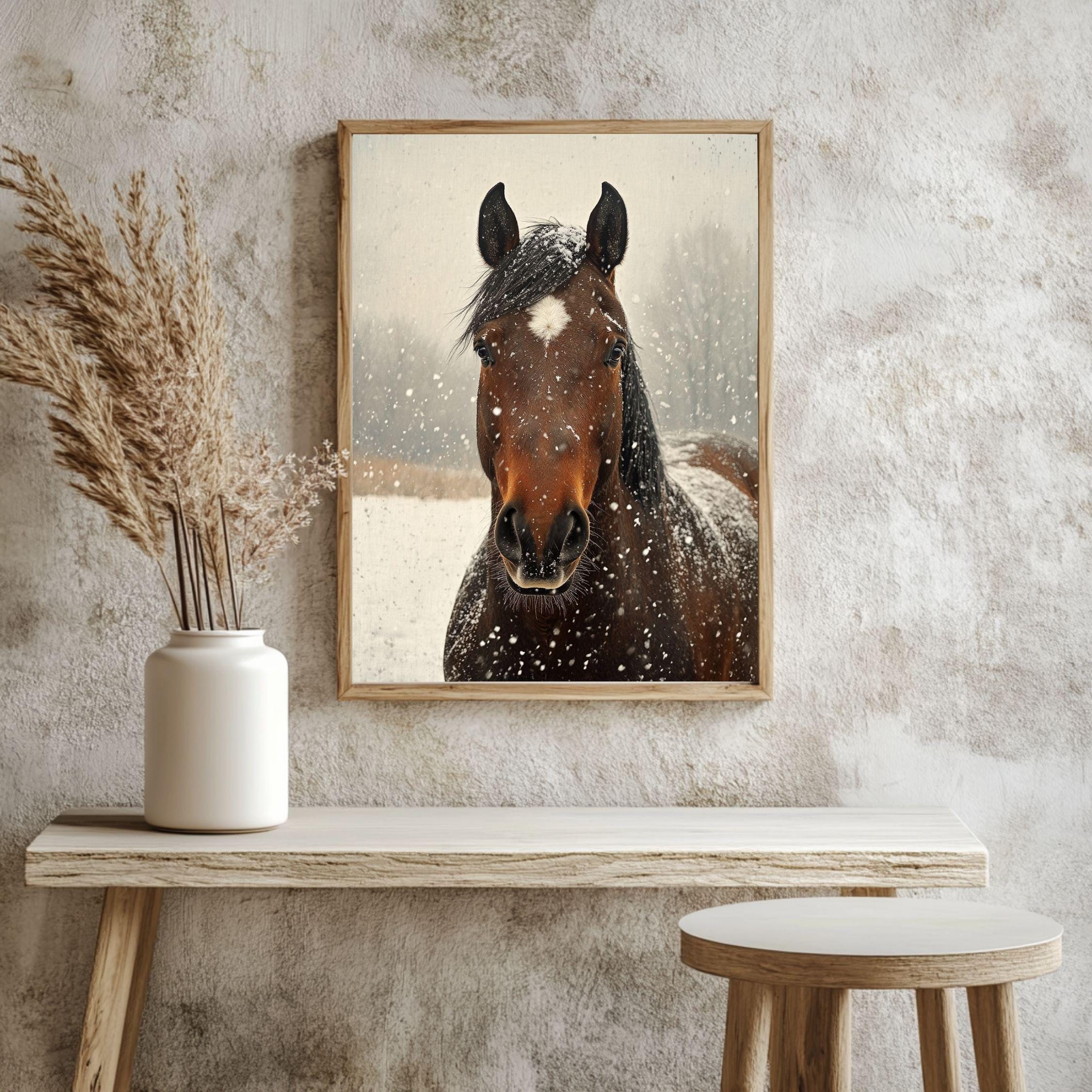 Snowy Horse Portrait Wooden Canvas Art, Rustic Winter Farmhouse Wall Decor, Equine Artwork for Country, Cabin, and Nature Inspired Homes
