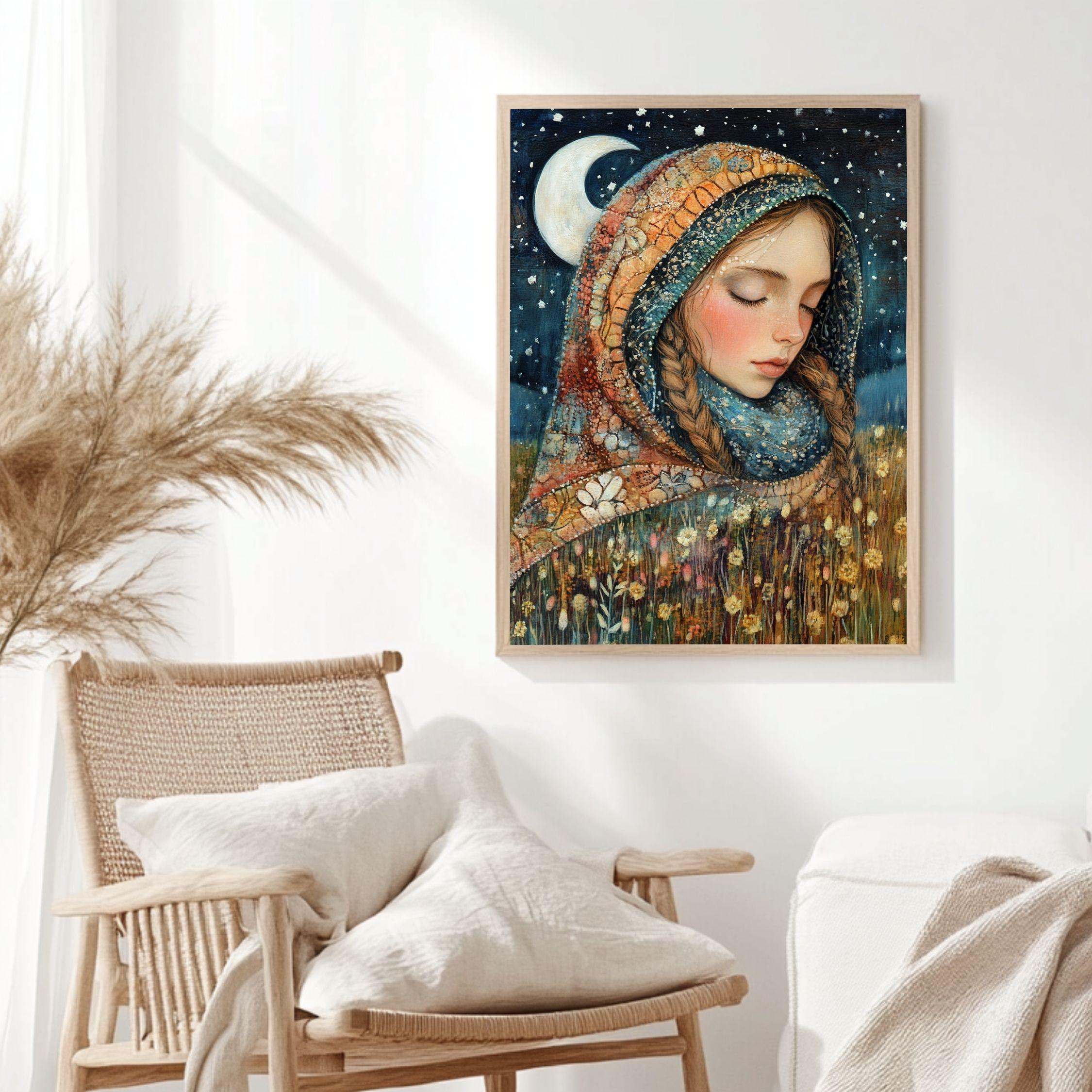 Moonlit Girl Wooden Canvas Art, Dreamy Night Sky Portrait Decor,Whimsical Starry Artwork for Boho Bedrooms and Magical Storybook Home Spaces