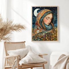 Moonlit Girl Wooden Canvas Art, Dreamy Night Sky Portrait Decor,Whimsical Starry Artwork for Boho Bedrooms and Magical Storybook Home Spaces