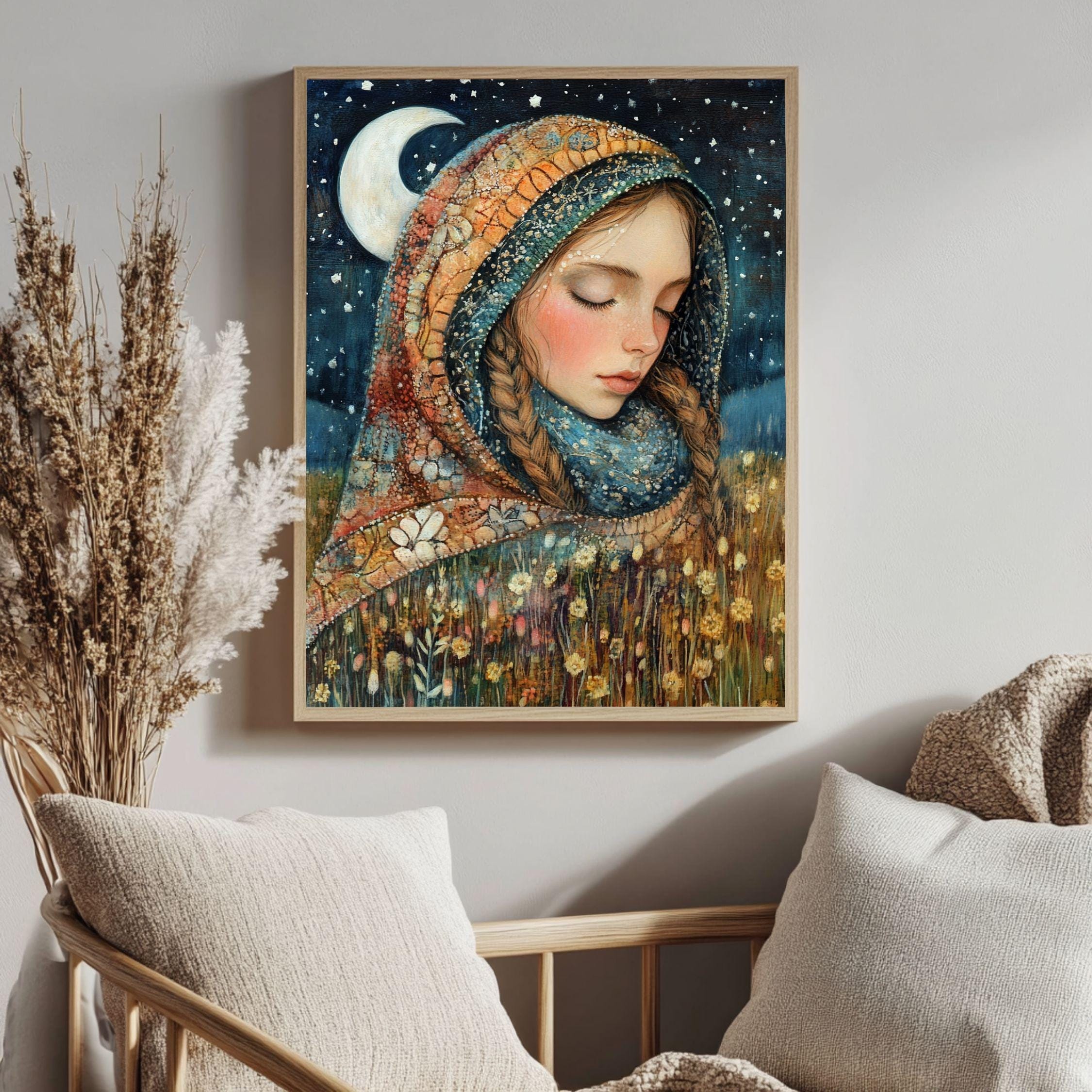 Moonlit Girl Wooden Canvas Art, Dreamy Night Sky Portrait Decor,Whimsical Starry Artwork for Boho Bedrooms and Magical Storybook Home Spaces